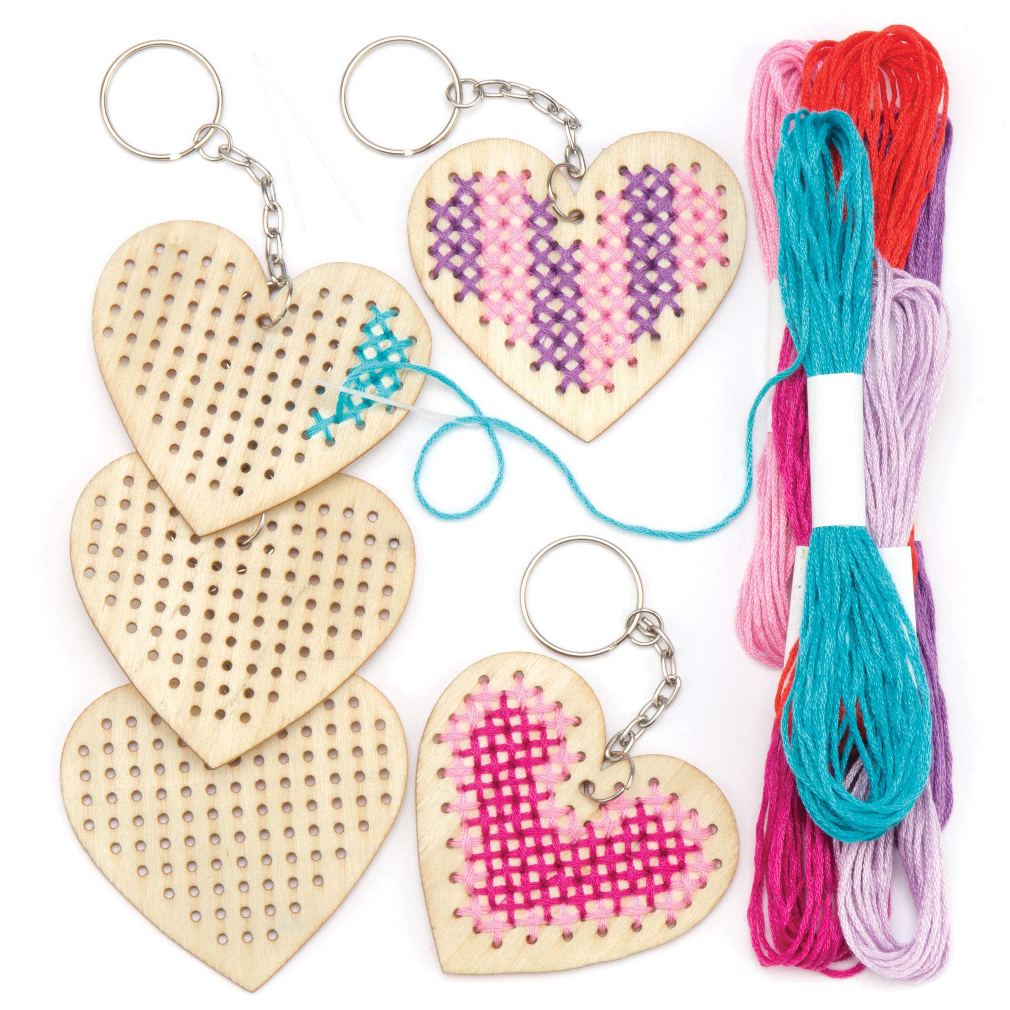 Baker Ross AR126 Wooden Heart Cross Stitch Keyring Craft Kits for Beginners (Pack of 5)
