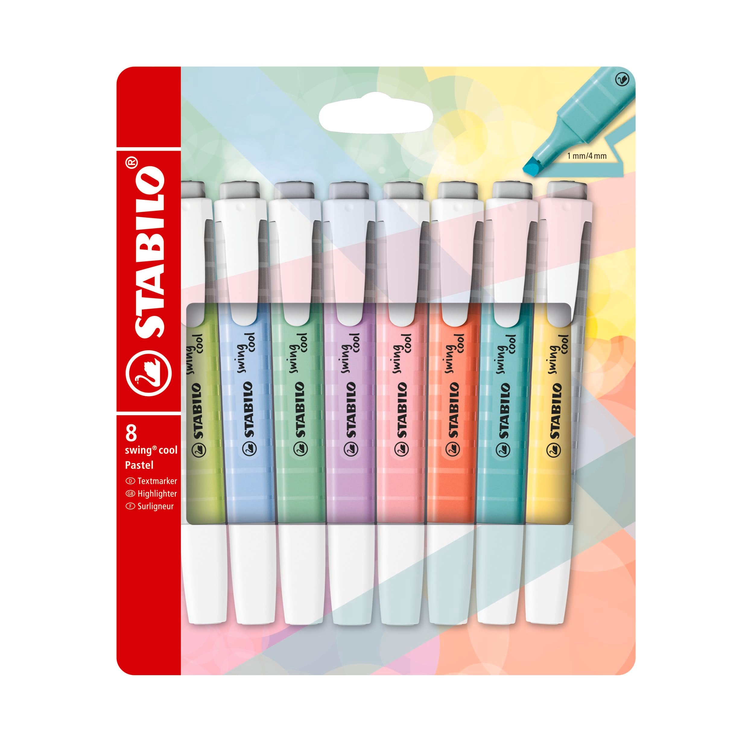 STABILO swing cool Pastel Highlighter - Pack of 8 | 4 Hour Cap-Off Time | 1mm & 4mm Line Widths