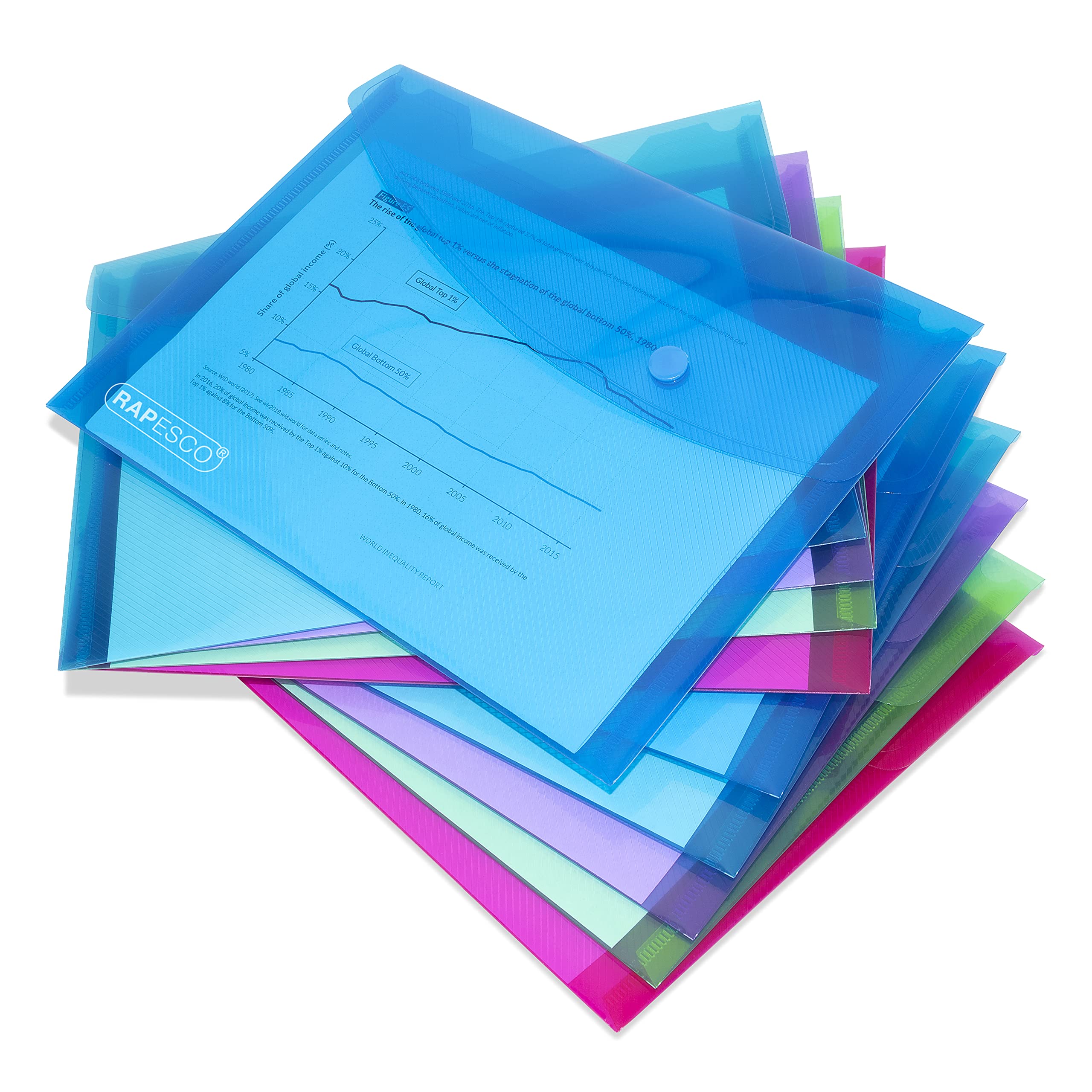 RAPESCO 1679 ECO Recycled Popper Wallets - A5, Pack of 10, Assorted Bright Transparent Colours