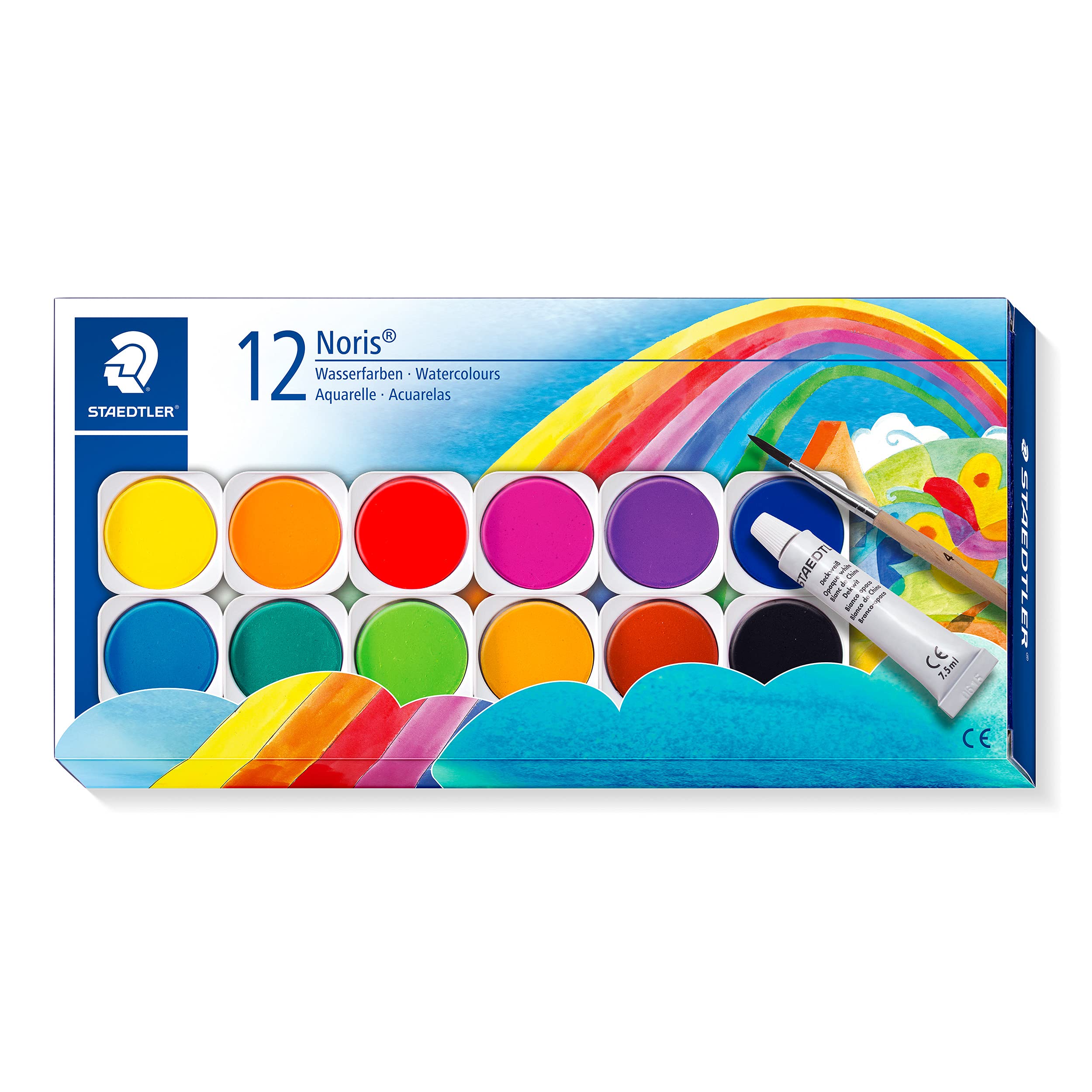STAEDTLER Noris Watercolour Paint Set - 12 Assorted Colours with Brush & Opaque White 1