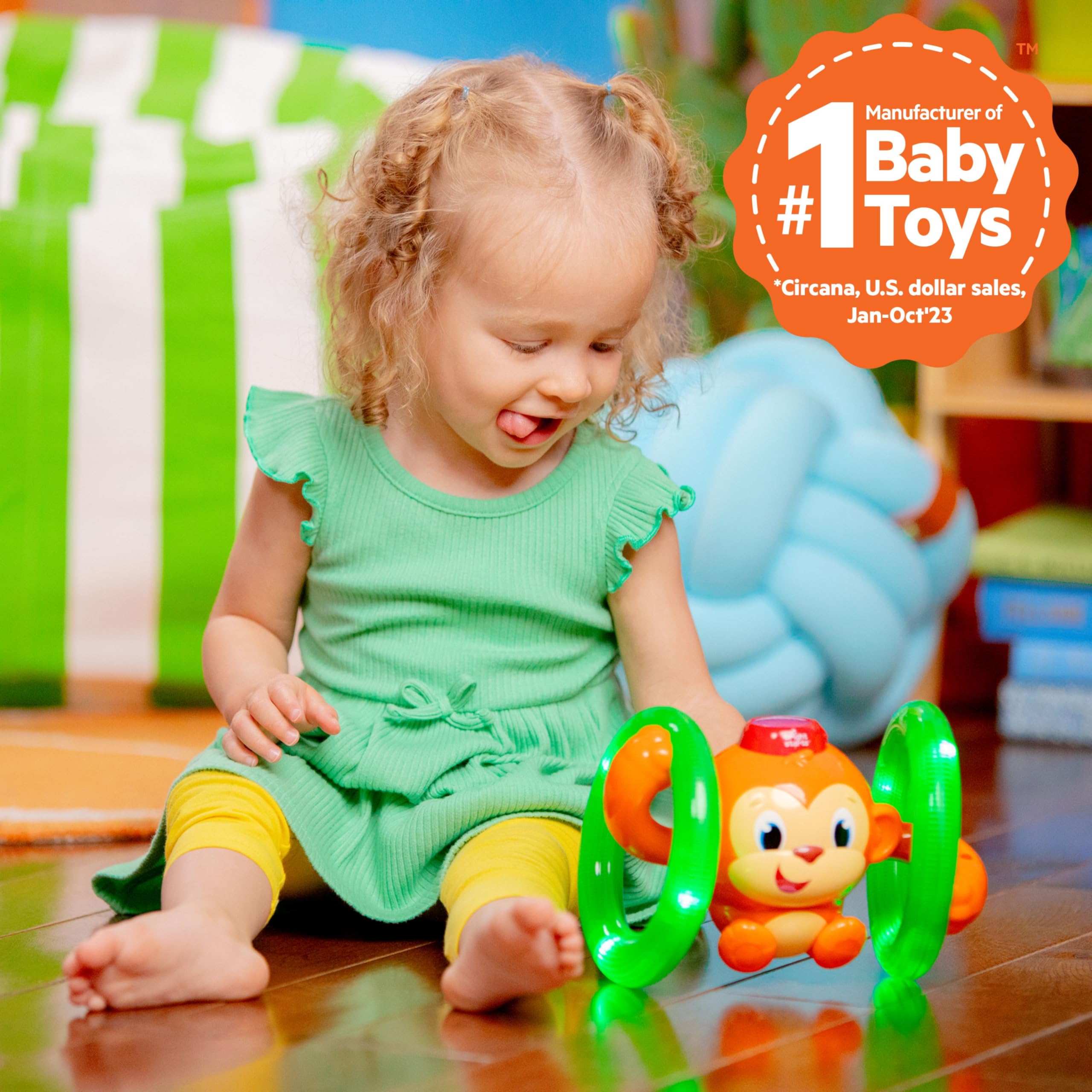 Bright Starts Roll and Glow Monkey - Light-Up Rolling Toy with Music for Babies 6M+ 10