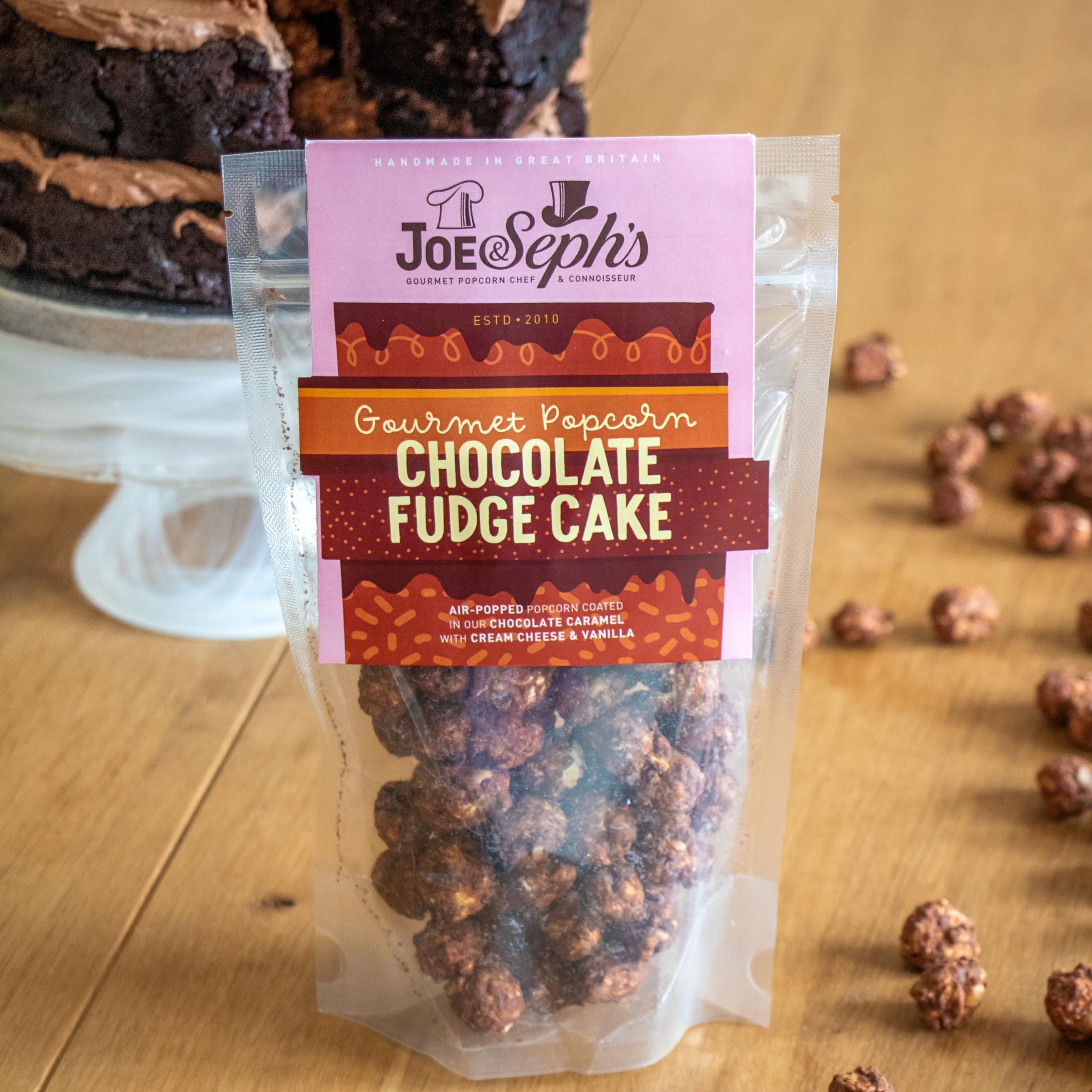 Joe & Seph's Chocolate Fudge Cake Popcorn (70g) - Gourmet Air-Popped Snack with Belgian Chocolate