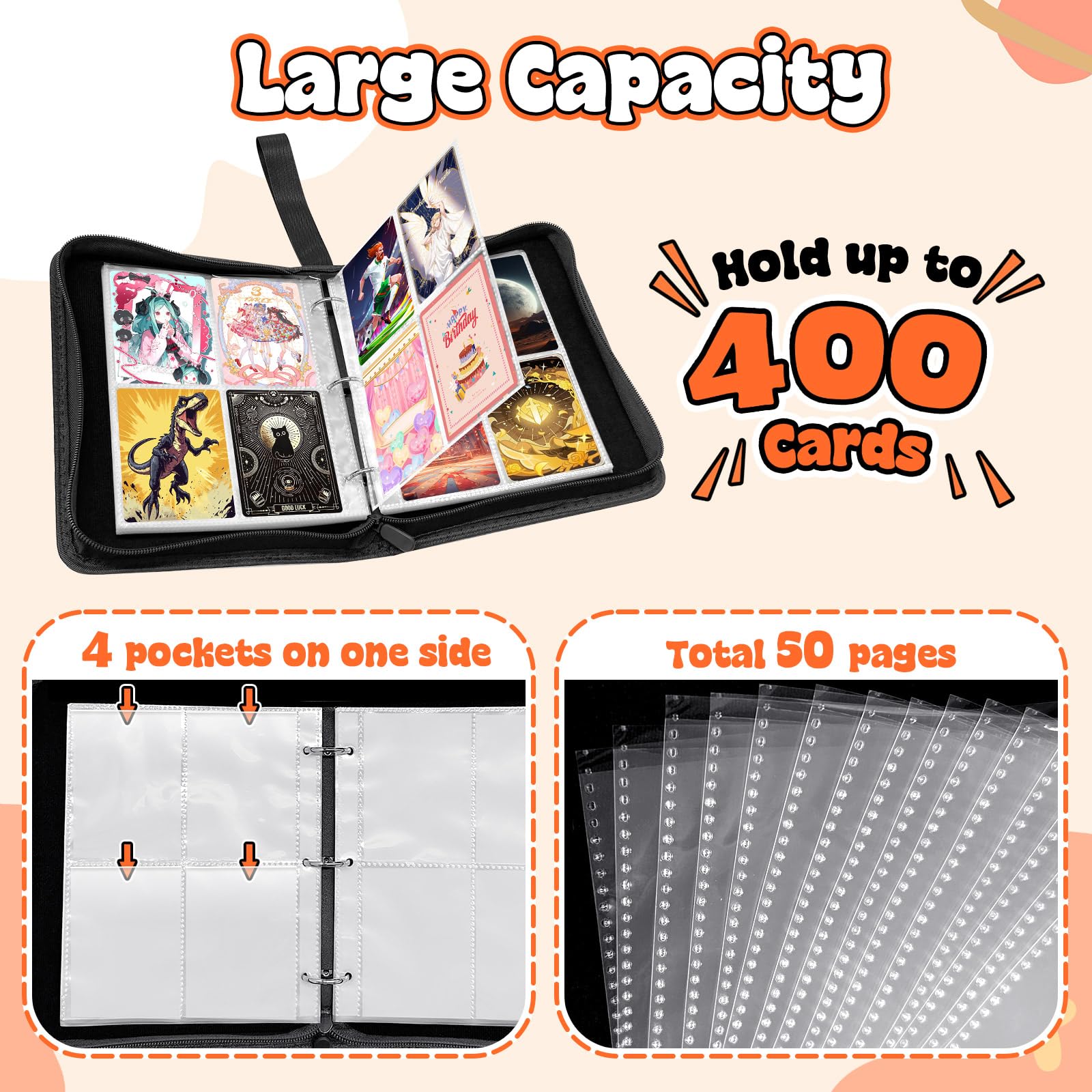 TOYABI 50-Page 400-Pocket PU Leather Trading Card Binder for Kids and Collectors 10