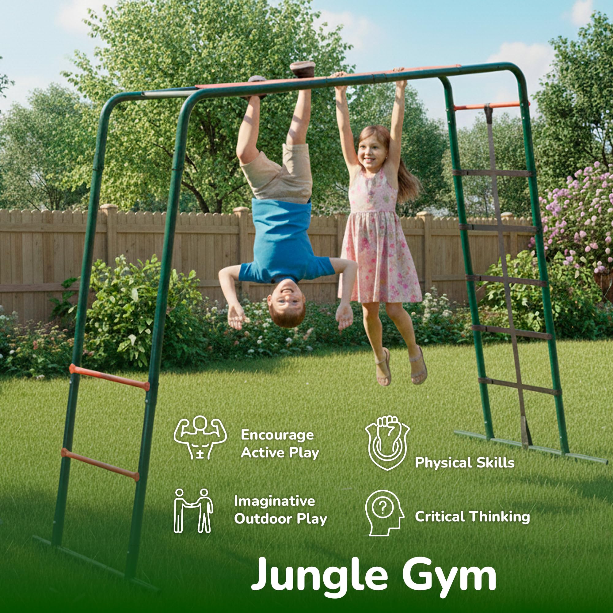Plum Metal Monkey Bars Climbing Frame with Cargo Net | Forest Green | Ages 3+ 5
