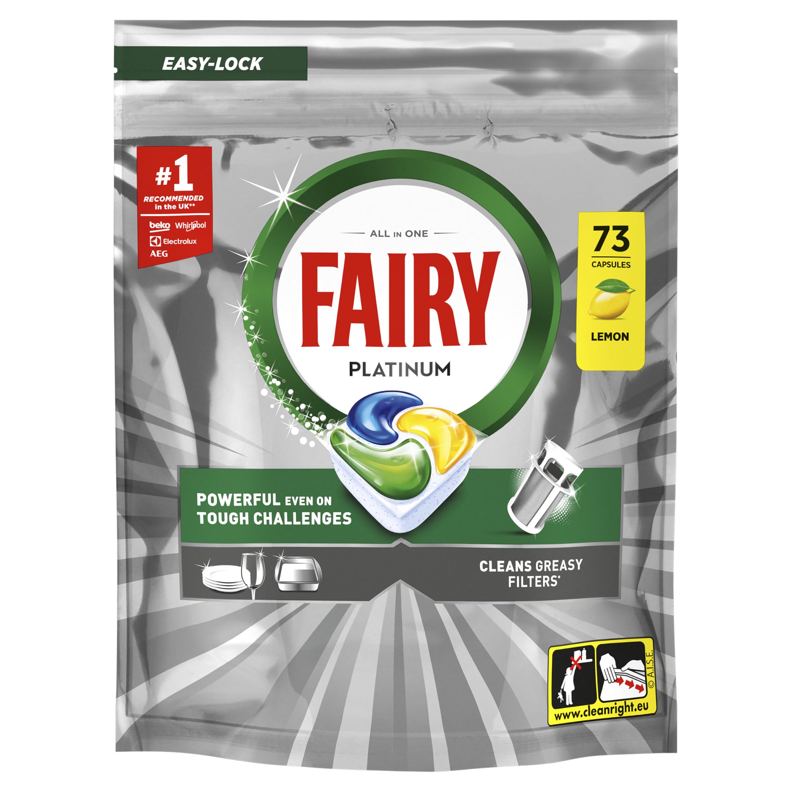 Fairy Platinum Dishwasher Tablets Lemon Scent - 73 Count All-in-One Power
