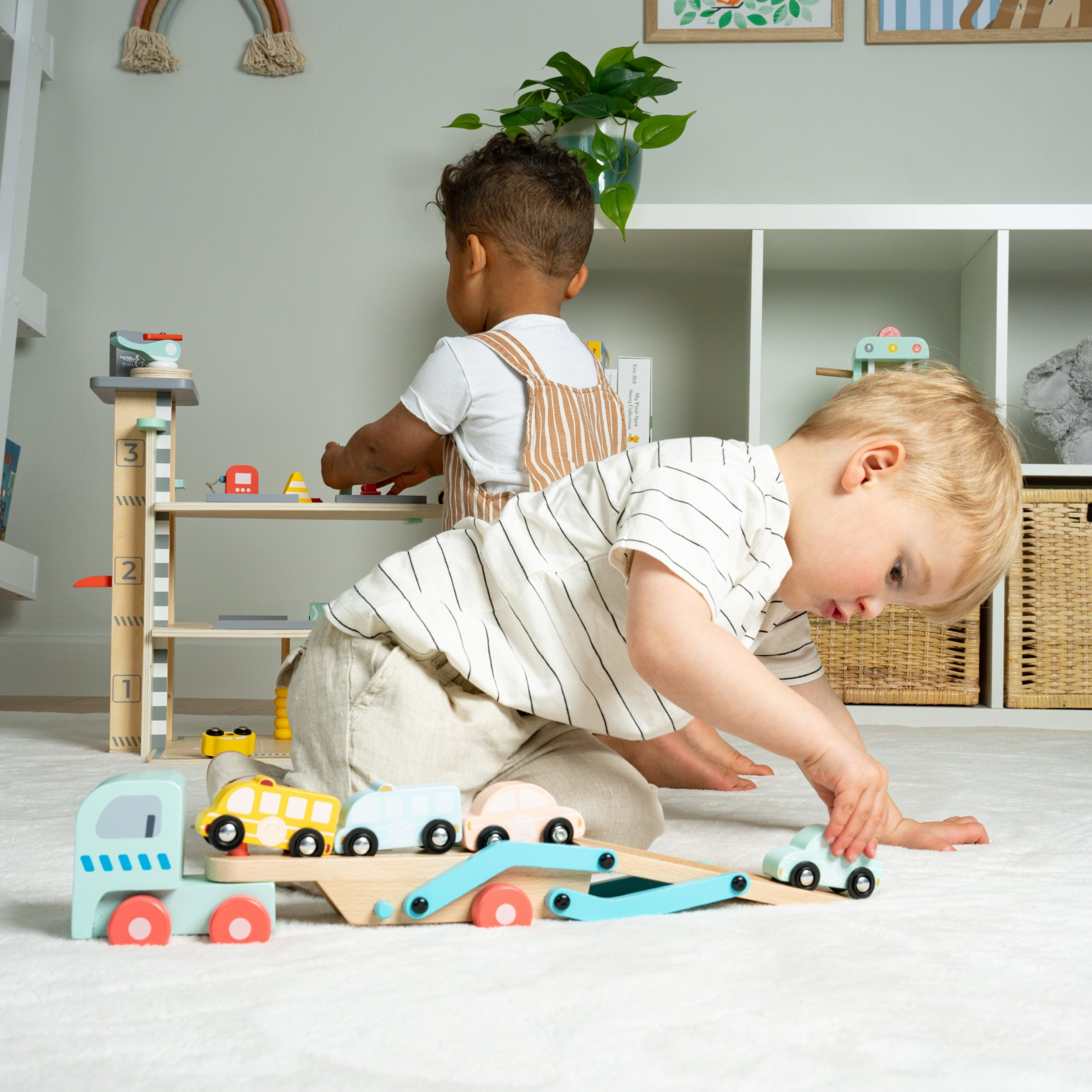 Owl & Fox Wooden Toy Car Transporter with Lorry, Trailer, and 4 Cars 5