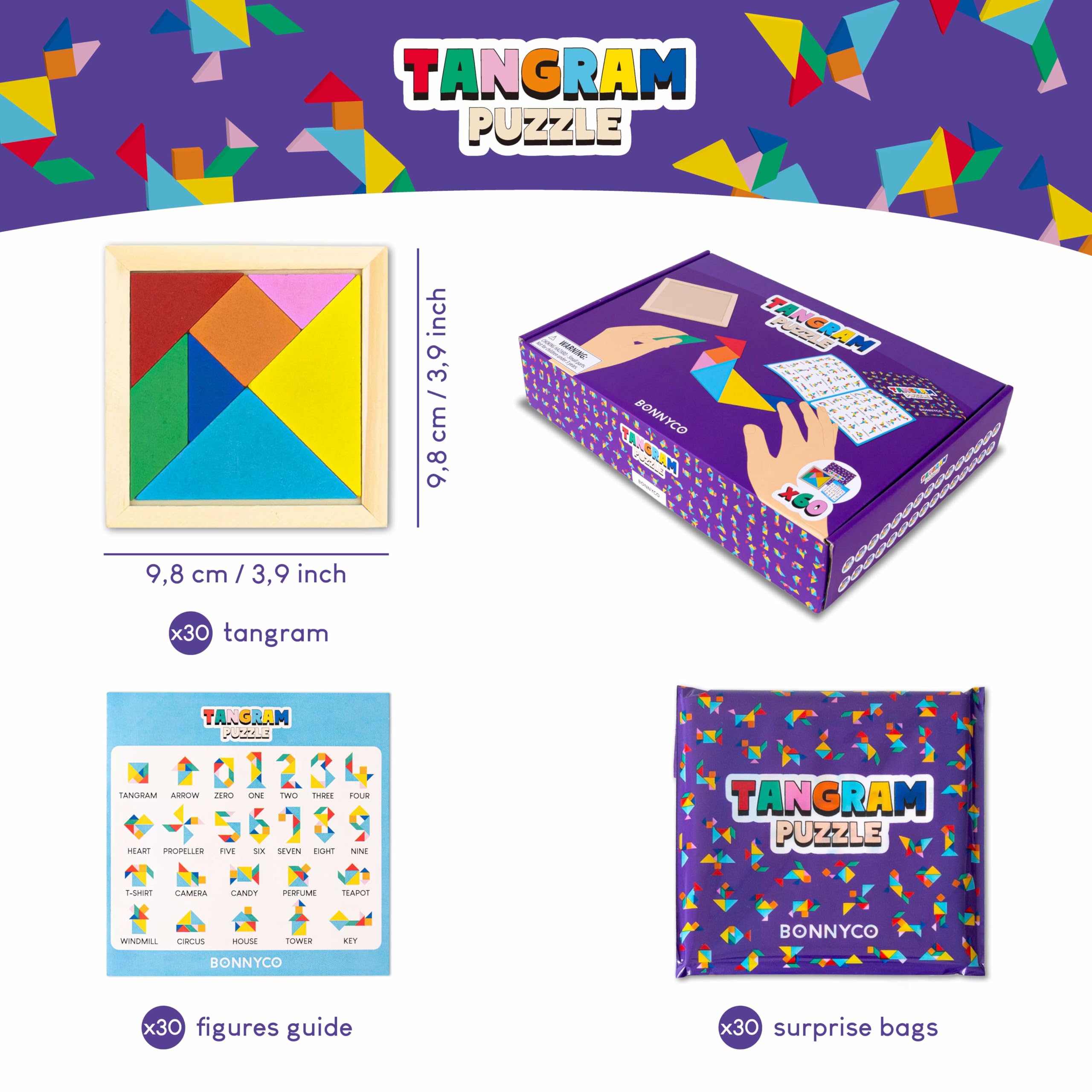 BONNYCO Tangram Puzzles - 30 Pack | Unisex Kids Party Favours | Wooden Educational Toy 2