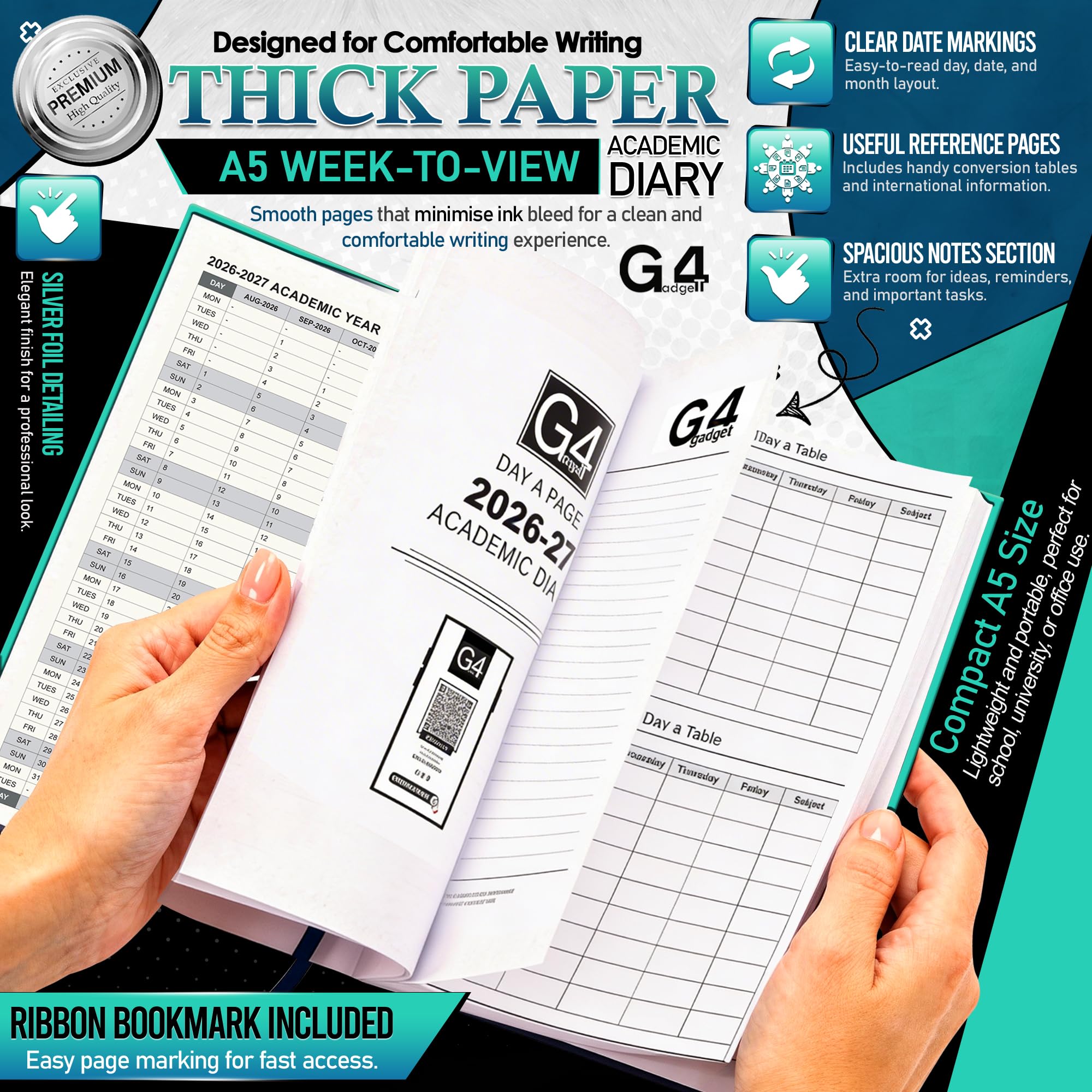 G4GADGET 2026-2027 Academic Diary - A5 Week To View, Teal Hardback