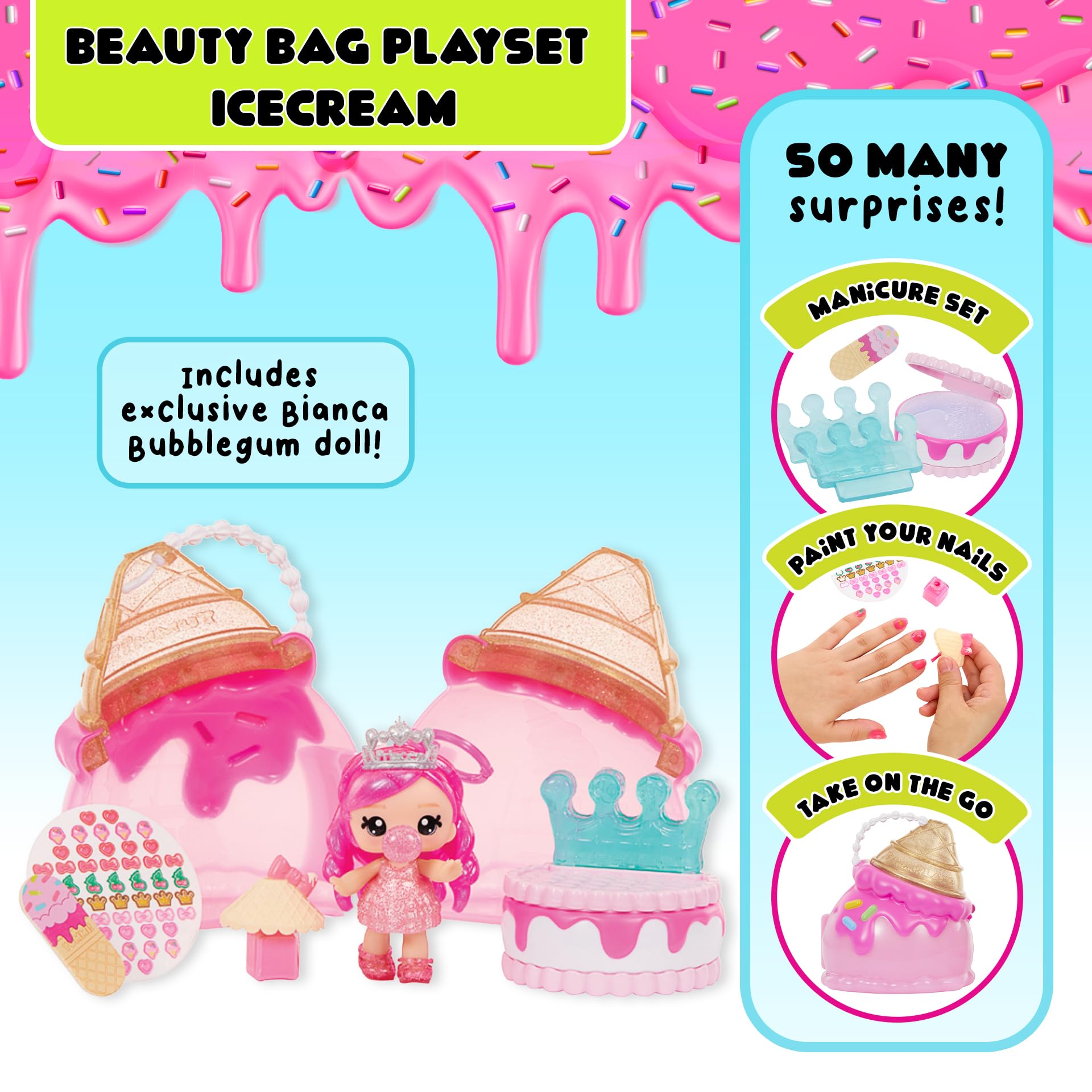 Yummiland Beauty Bag Playset - Ice Cream Cone with Bianca Bubblegum Lip Gloss Doll & Real Nail Care Accessories 12
