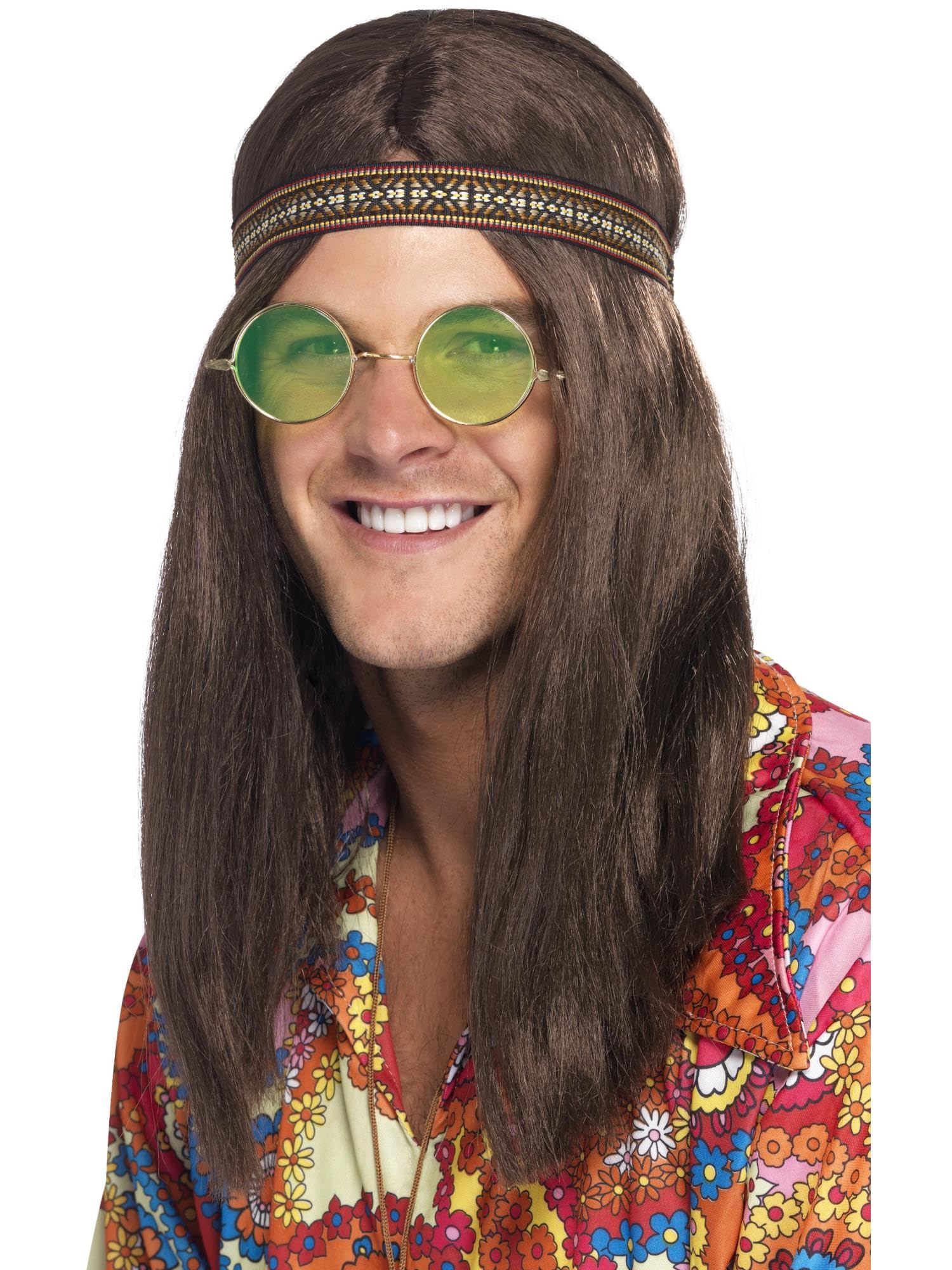 Smiffys Mens Hippie Kit Brown with Headband Specs and Necklace 1960s Groovy Fancy Dress Accessory Set