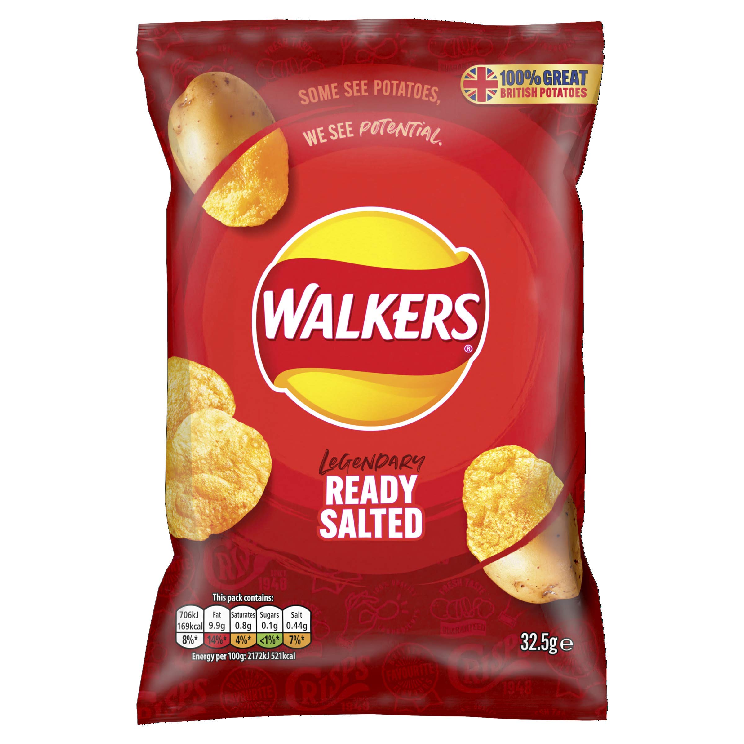 Walkers Ready Salted Crisps - Made with 100% British Potatoes | 32g Bag | Suitable for Vegetarians
