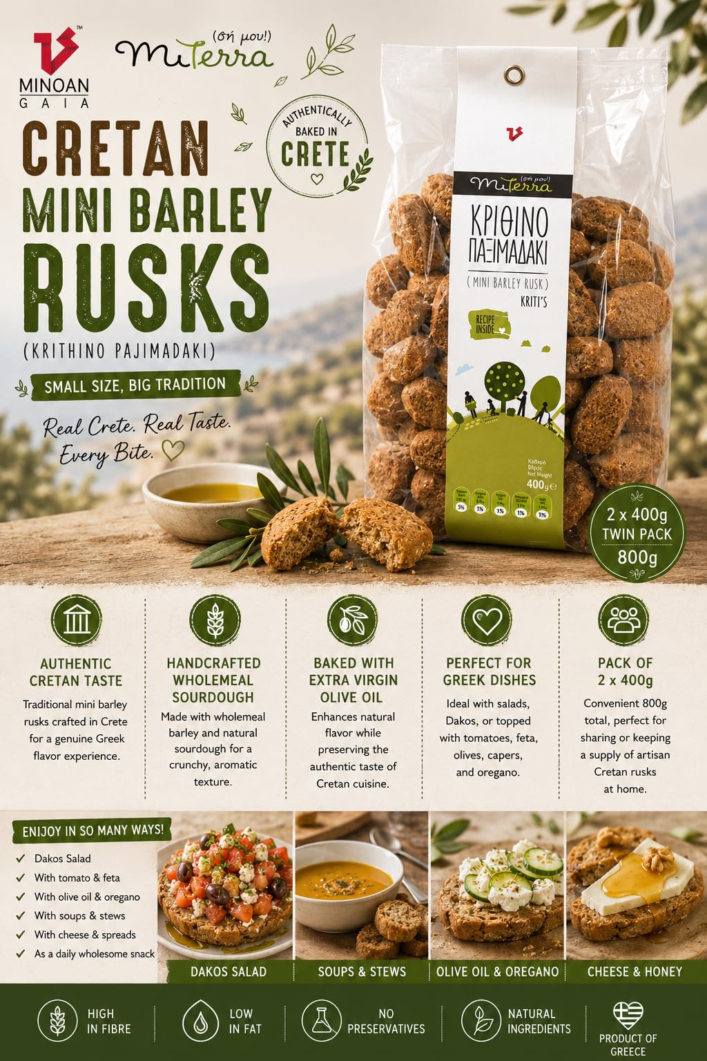 MITERRA Cretan Mini Barley Rusks - Sourdough, Baked with Extra Virgin Olive Oil | 800g (2 x 400g Packs) 3