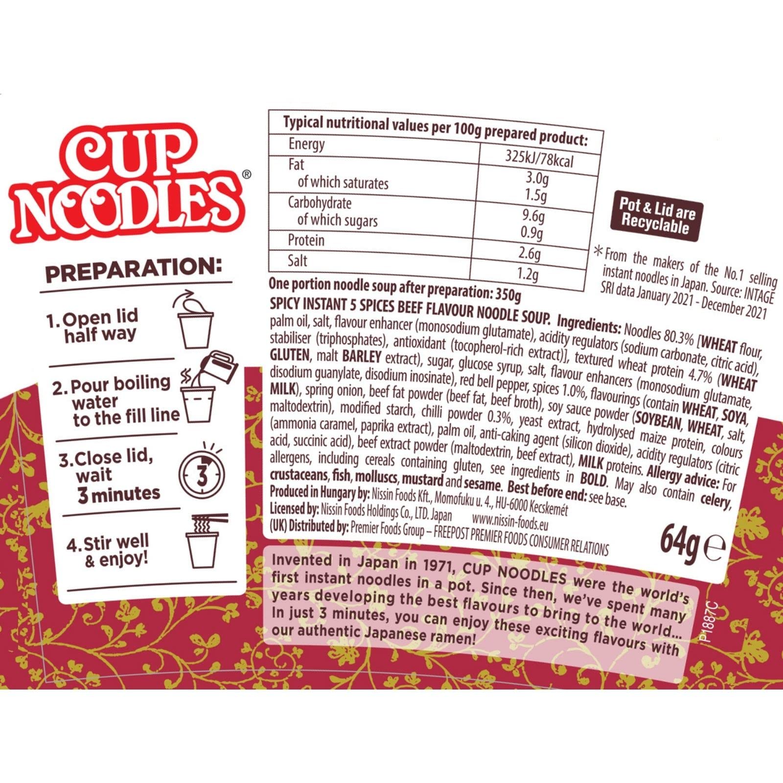 NISSIN Cup Noodles 5 Spices Beef Flavoured Instant Noodles - 8 Pack, 73 g Each Pot
