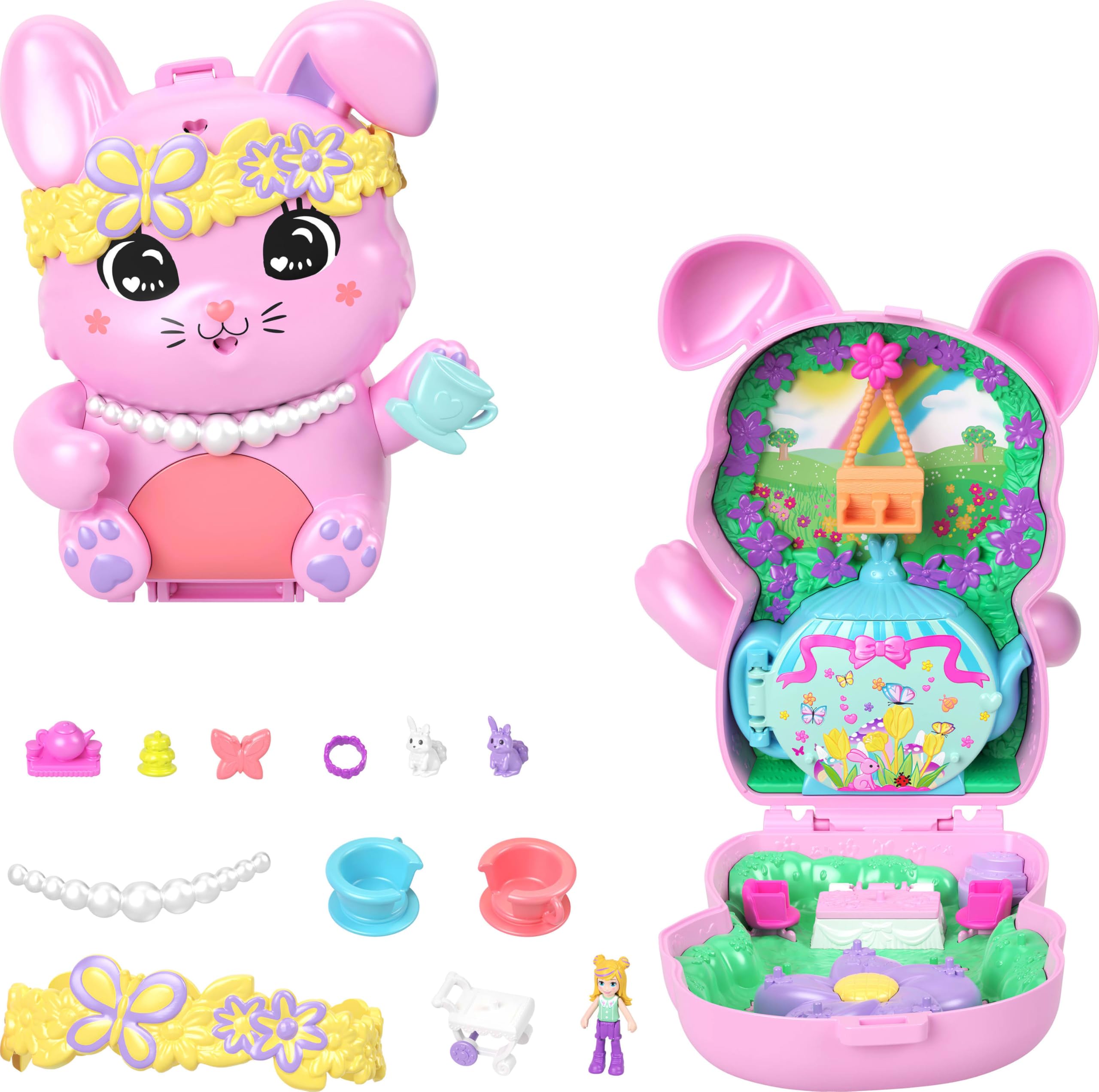Polly Pocket Tea Party Bunny Compact Playset - Doll with 10 Accessories & 2 Pet Bunnies, Ages 4+ 1