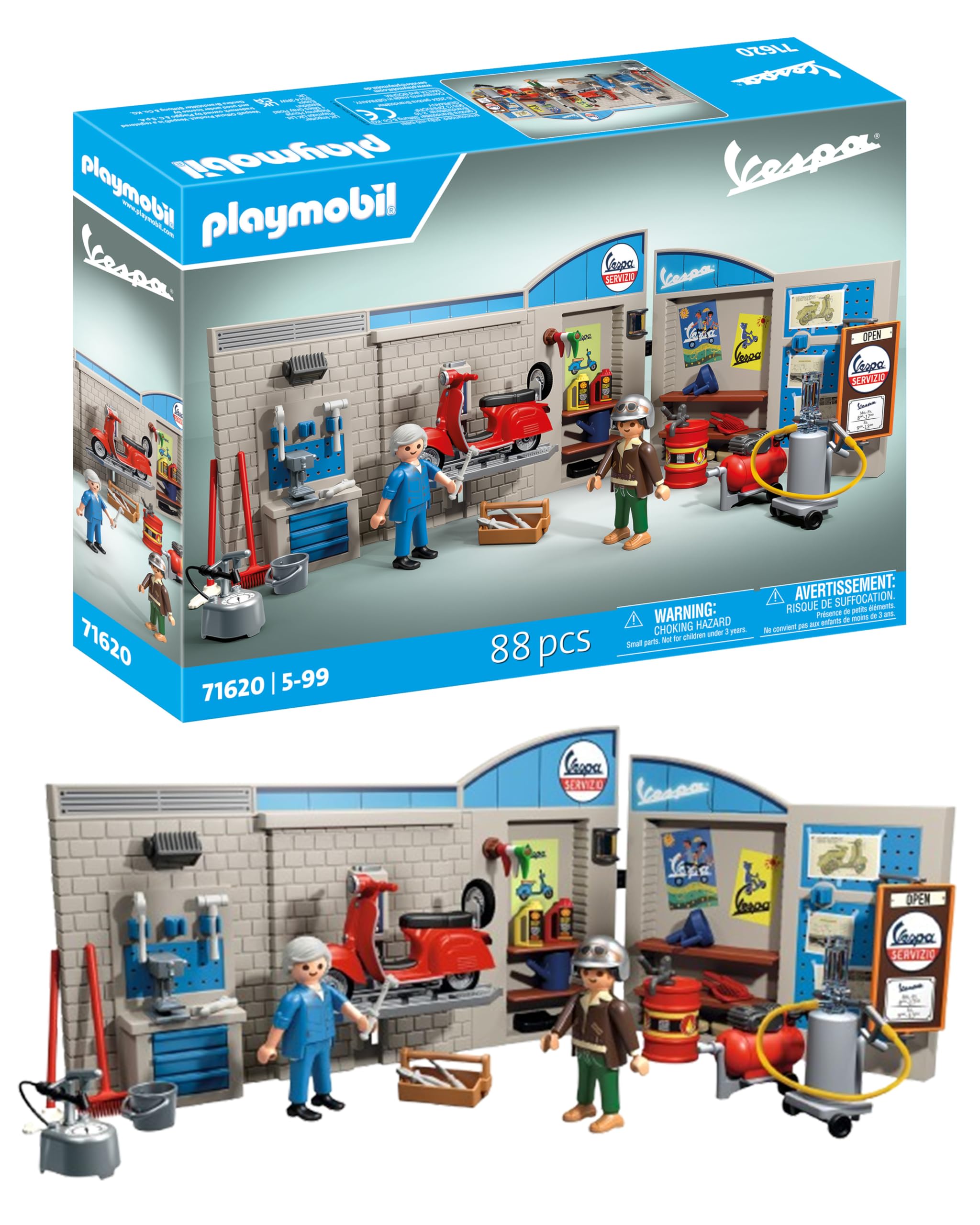 Playmobil 71620 Cars: 60s Vespa Garage Playset with Movable Lifting Platform 1