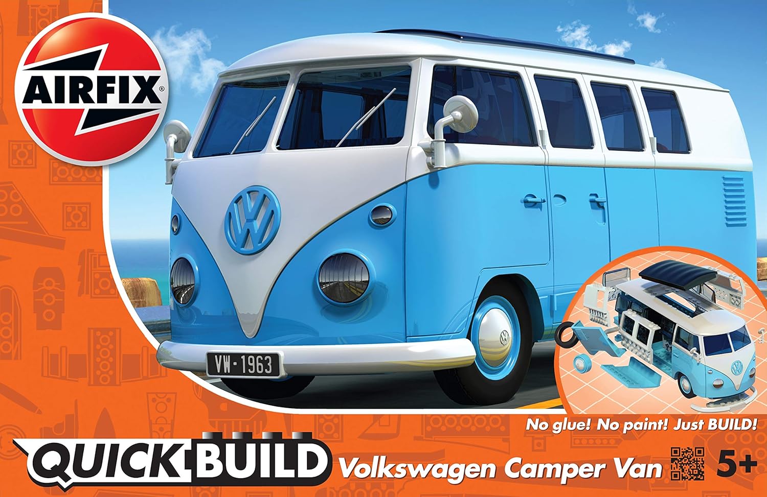 Airfix Quick Build VW Camper Van Model Kit - Snap Together Plastic Car Model for Kids & Adults, Blue 1