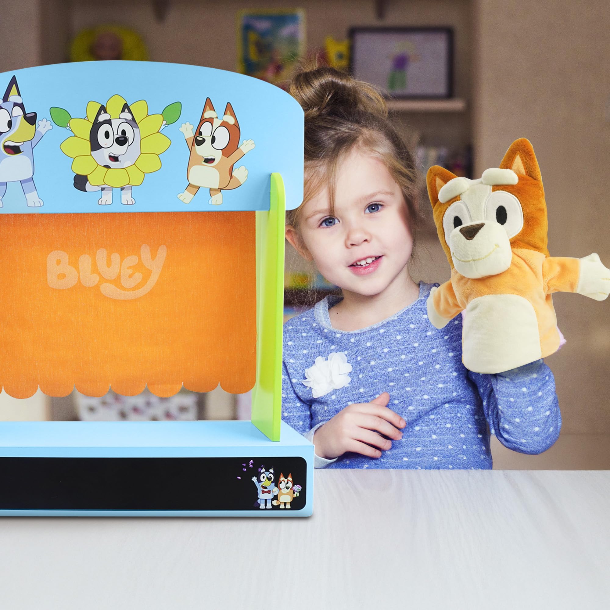 Bluey Wooden Puppet Theater Playset - FSC-Certified Wood, Includes 2 Hand Puppets 8