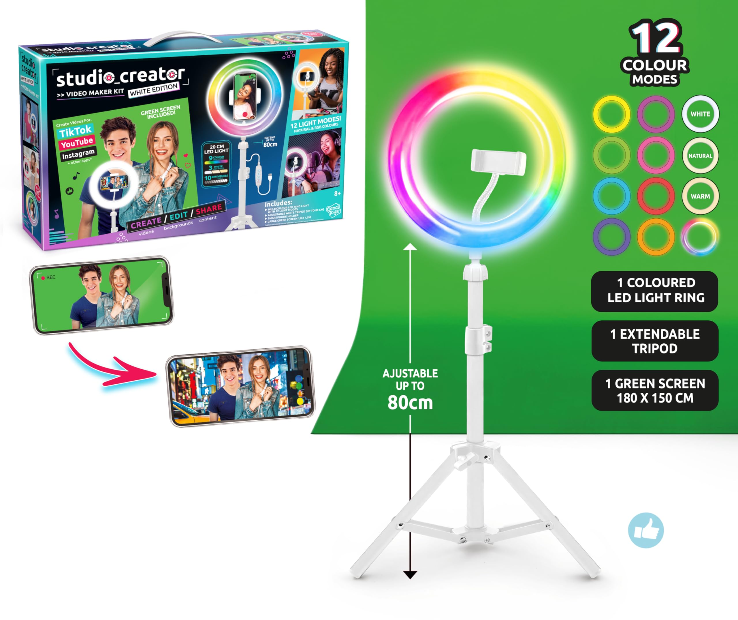Studio Creator Video Maker Kit – White Edition | LED Ring Light, Green Screen, Tripod & Phone Holder 8