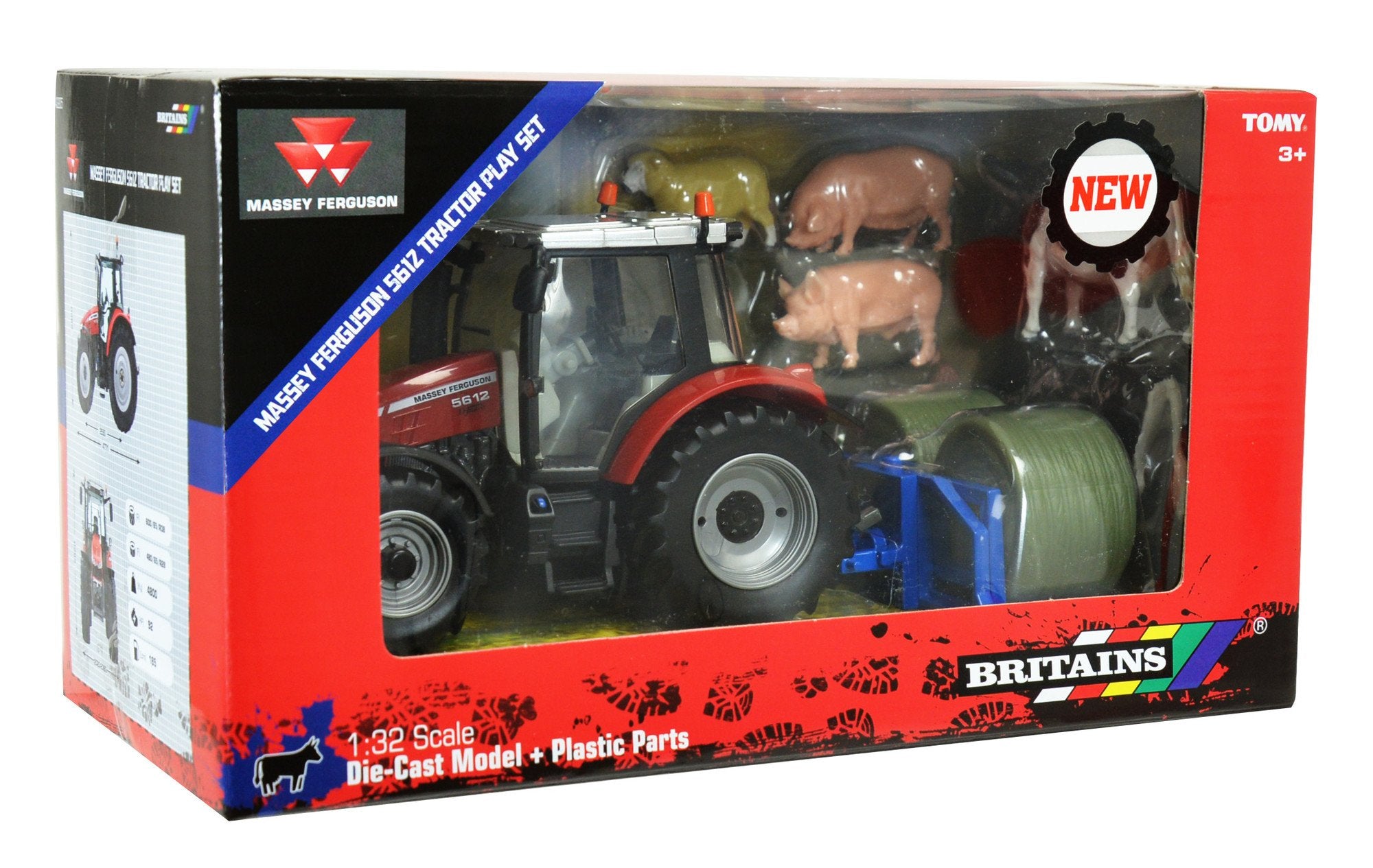 Britains Massey Ferguson 5612 Tractor Playset - 1:32 Scale Farm Toy with Animals & Bale Lifter 11