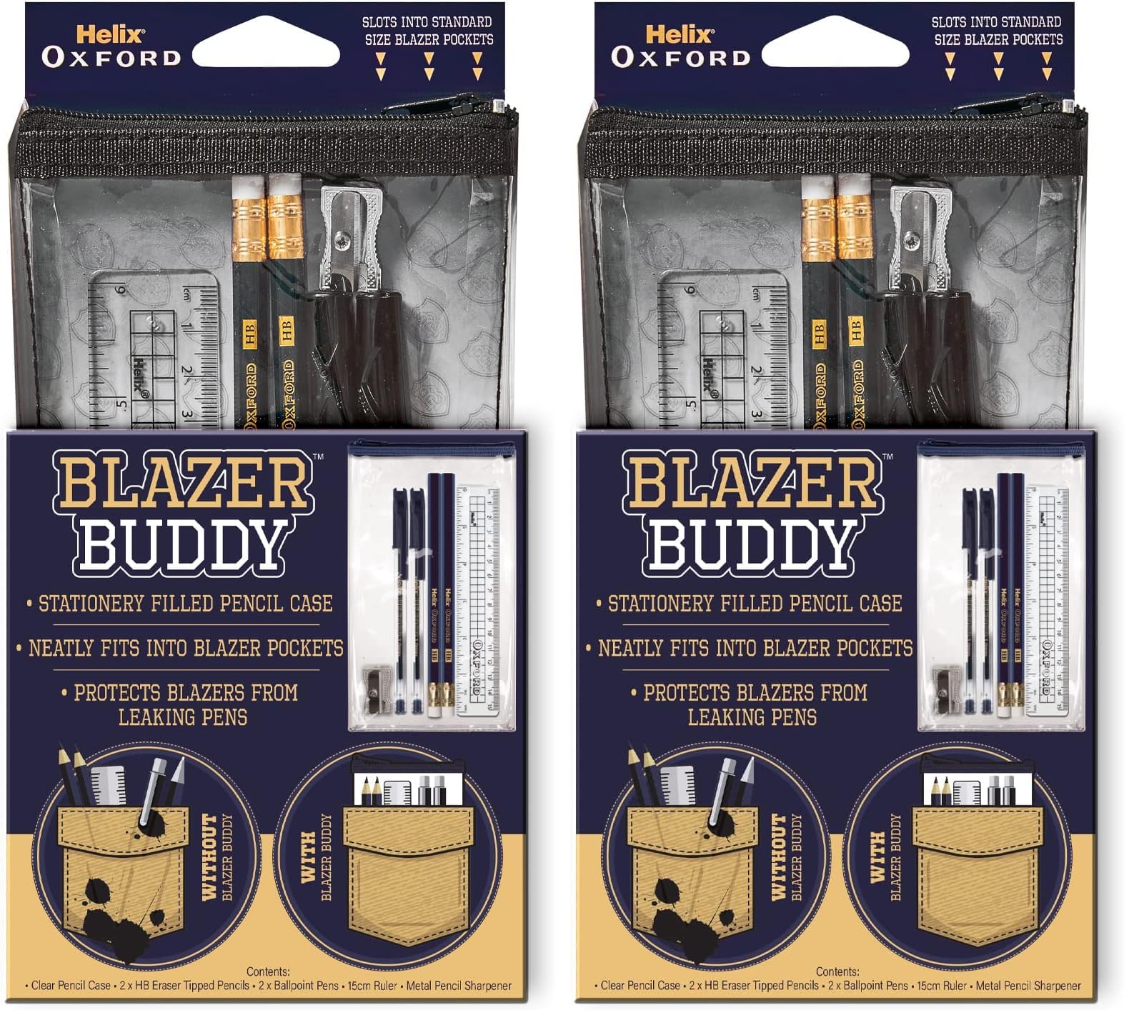 Helix Oxford Blazer Buddy Essential Stationery Set with Compact Clear Pencil Case | 6 Items