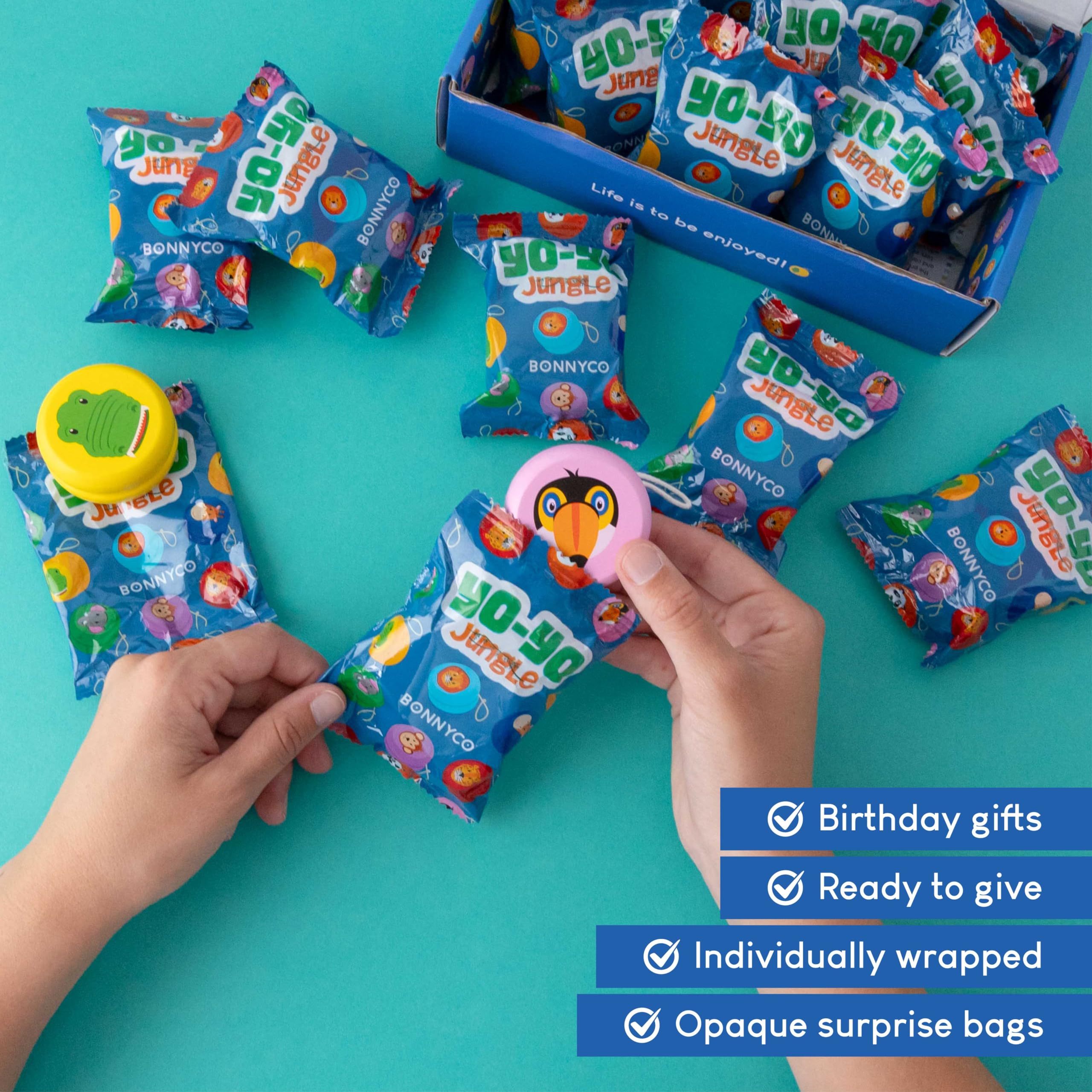 BONNYCO Wooden Yo-Yos - Pack of 16 | Jungle Animal Designs | Party Bag Fillers for Kids Ages 3+ 2