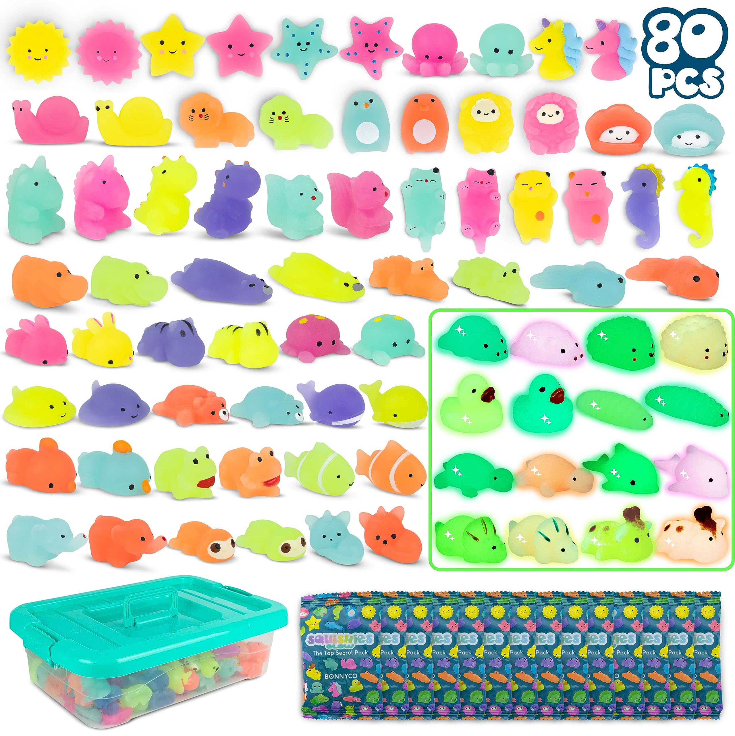 BONNYCO Mochi Squishy Toys - Pack of 80, Glow in the Dark, Individually Bagged 1