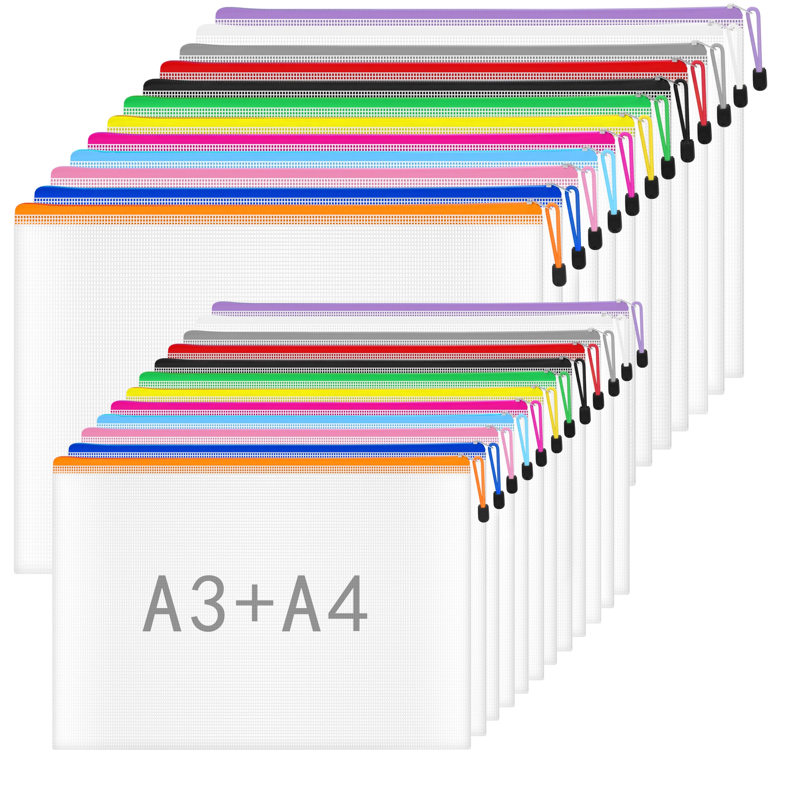 NORTHERN BROTHERS A3/A4 Plastic Zip Wallets - 24PCS Coloured Folders | PVC, Water Resistant