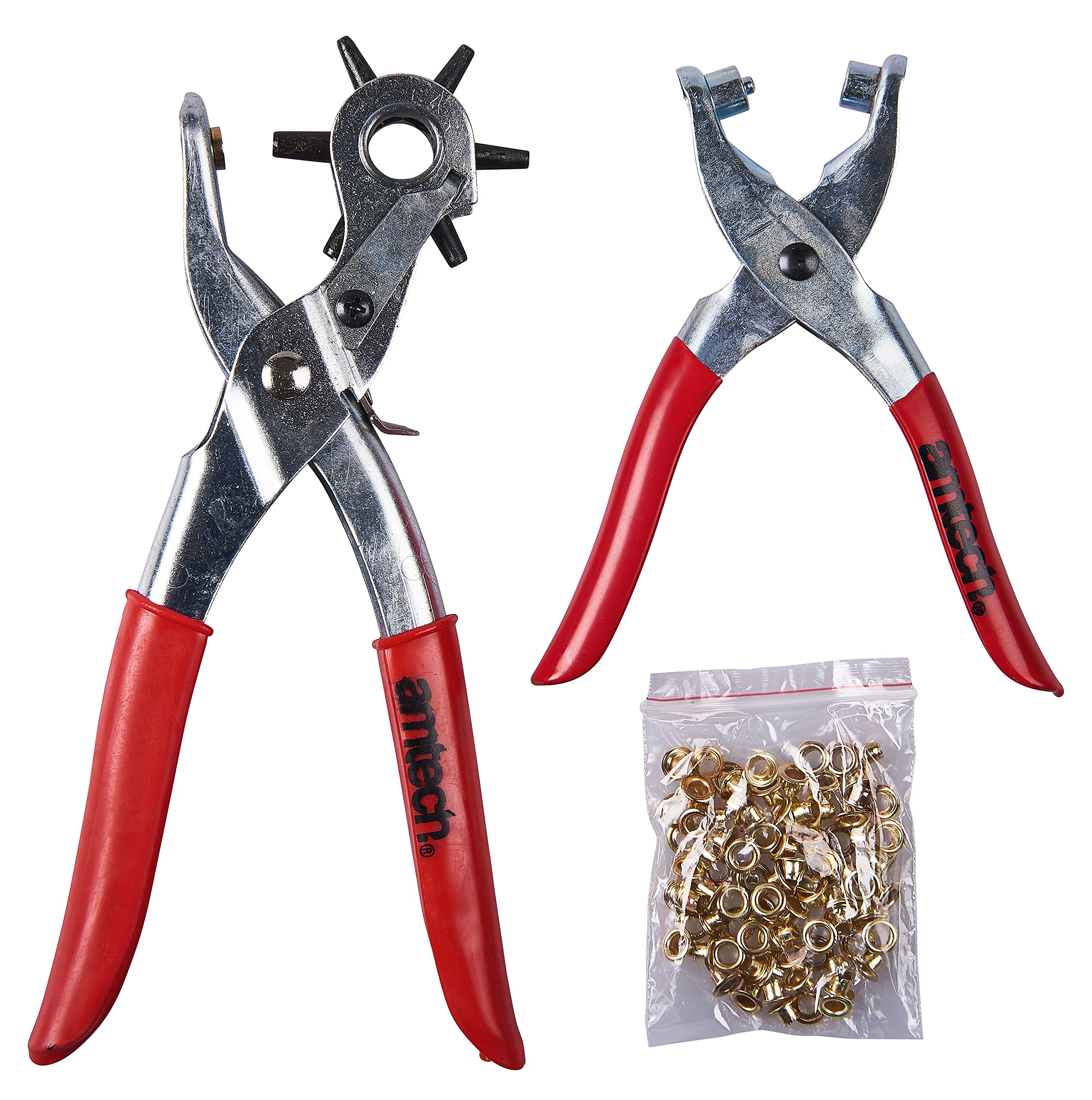 Amtech Leather Punch & Eyelet Plier Set with 100 Eyelets | 6 Punch Sizes | Carbon Steel