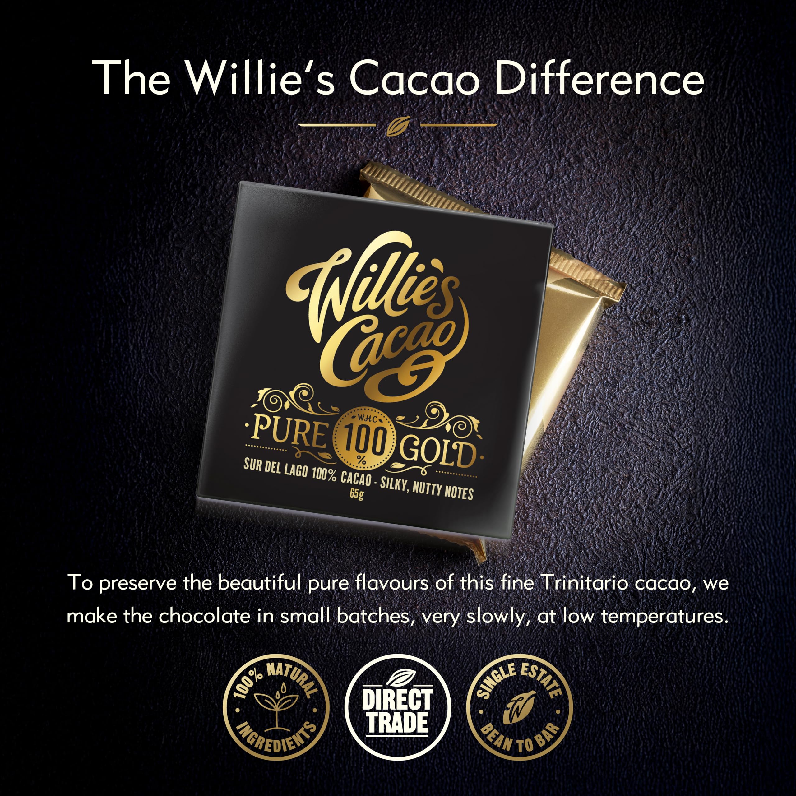 Willie's Cacao - Pure Gold 100% Cocoa Bar - No Added Sugar - Vegan - 40g 4