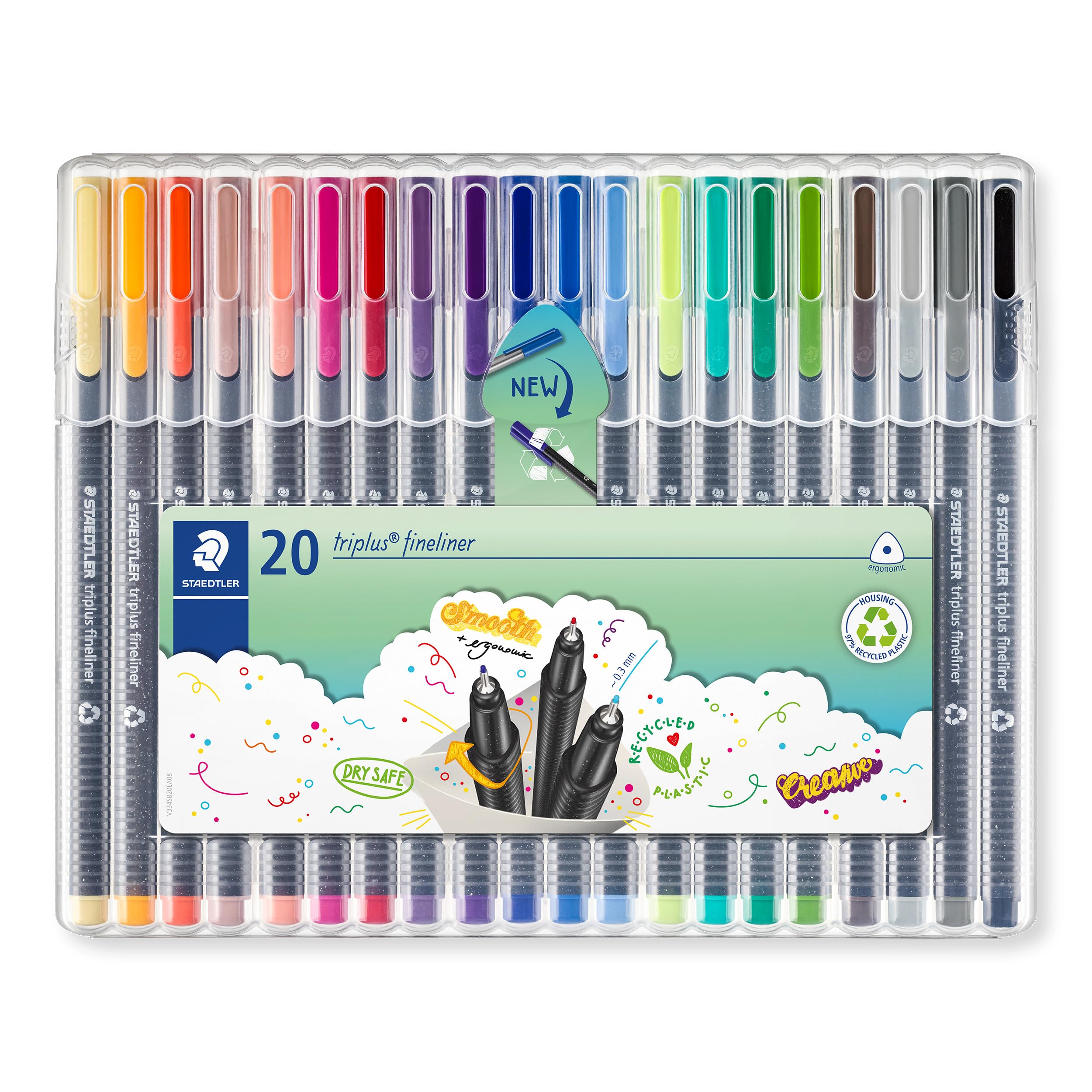STAEDTLER Triplus Fineliner Pens - Superfine 0.3mm Point | Pack of 20 Assorted Colours | Ergonomic Triangular Barrel