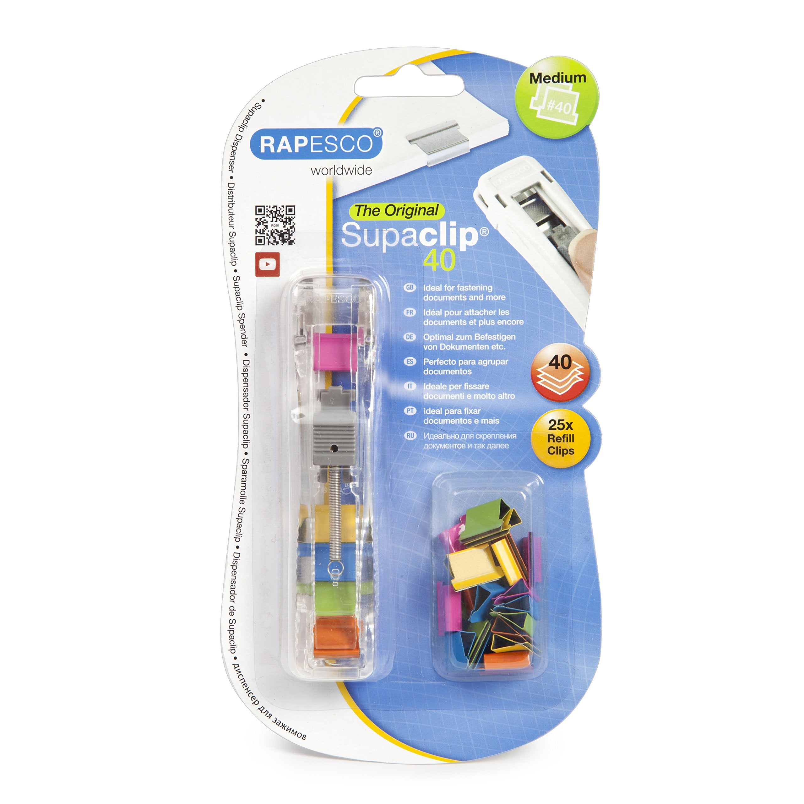 RAPESCO RC4025MC Supaclip 40 Dispenser with 25 Refill Clips | Holds 40 Sheets | Assorted Colours