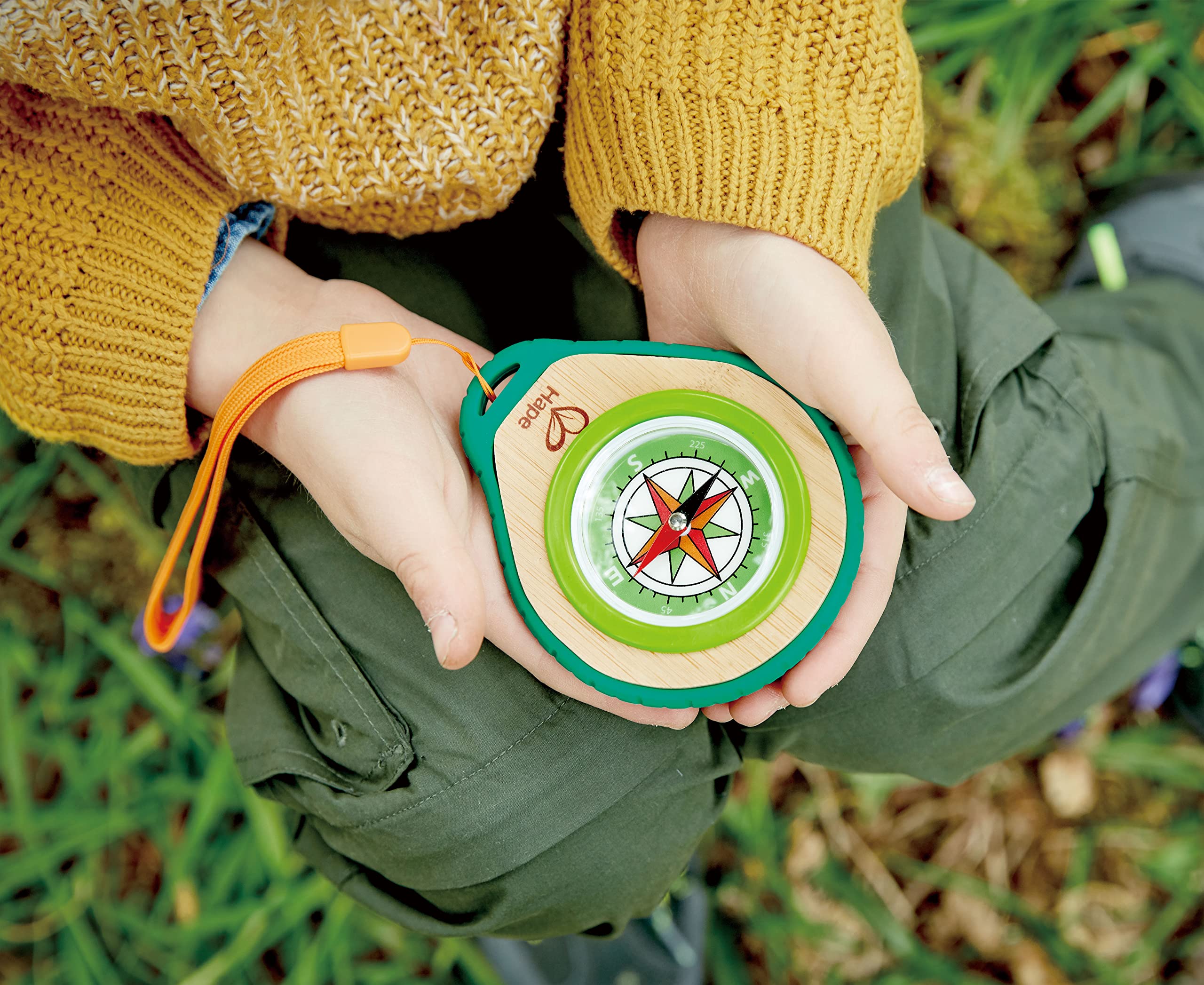 Hape Compass Set Outdoor Toy - Sustainable Bamboo | Fully Functioning Compass | Includes Carabiner Clip