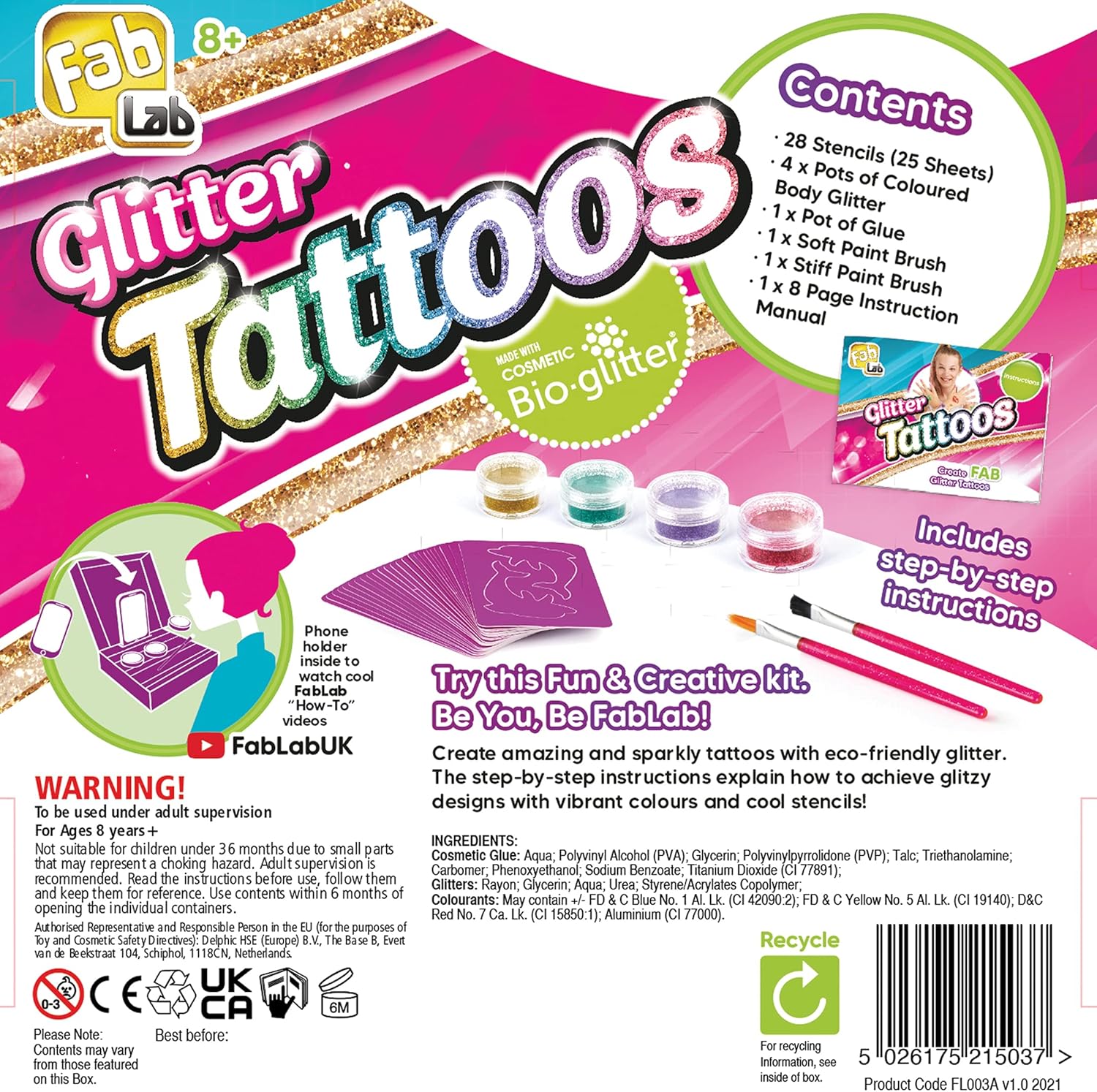 FabLab Glitter Tattoos Kit with Bioglitter – 28 Designs & 4 Sparkly Colors 2