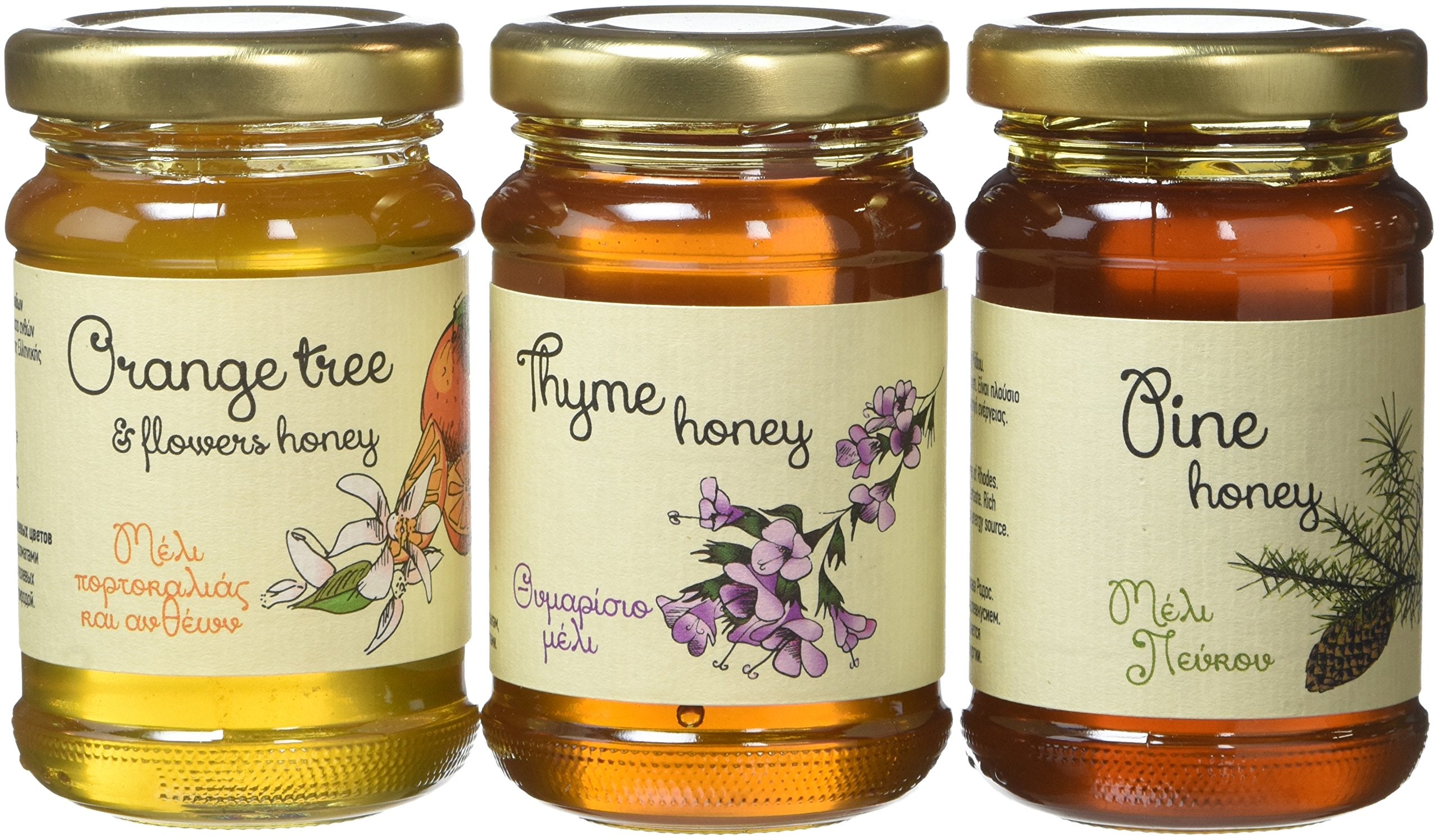 Melissokomiki Dodecanesse Greek Raw Honey Gift Set - Thyme, Pine & Orange Blossom | 3 x 130g Jars