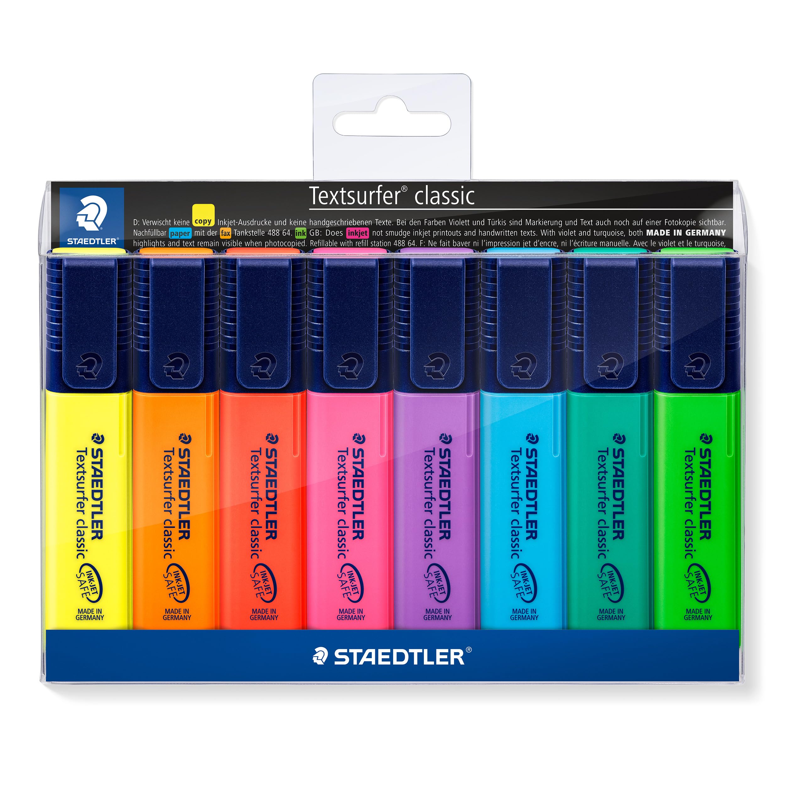 STAEDTLER Textsurfer Classic Highlighter Pen 364 WP8 ST - Chisel Tip, Ink Jet Safe | Wallet of 8 Assorted Neon Colours