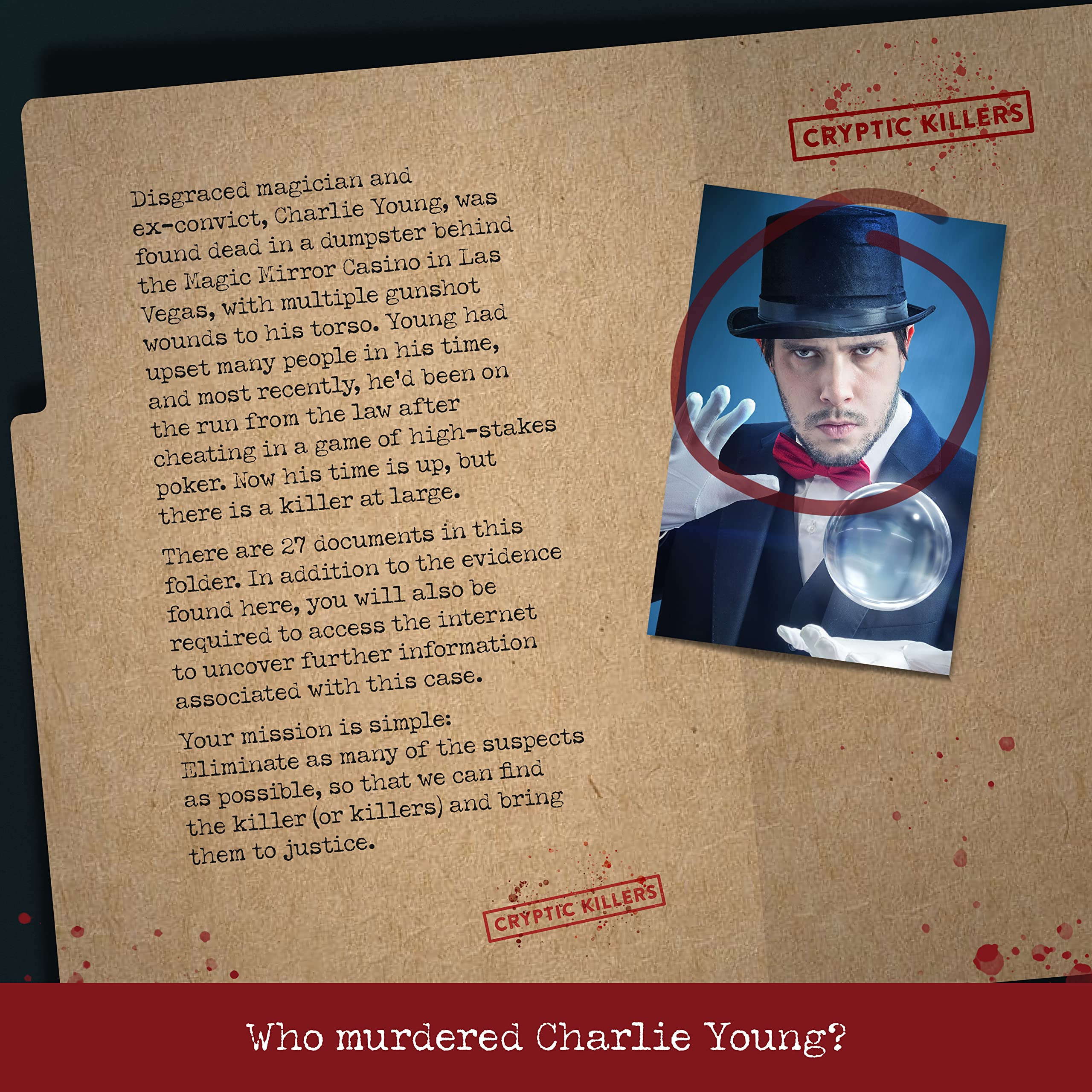 Cryptic Killers Murder at the Magic Mirror Casino Unsolved Murder Mystery Game | 2.5 Hours Playtime | Difficulty 3.5/5 2