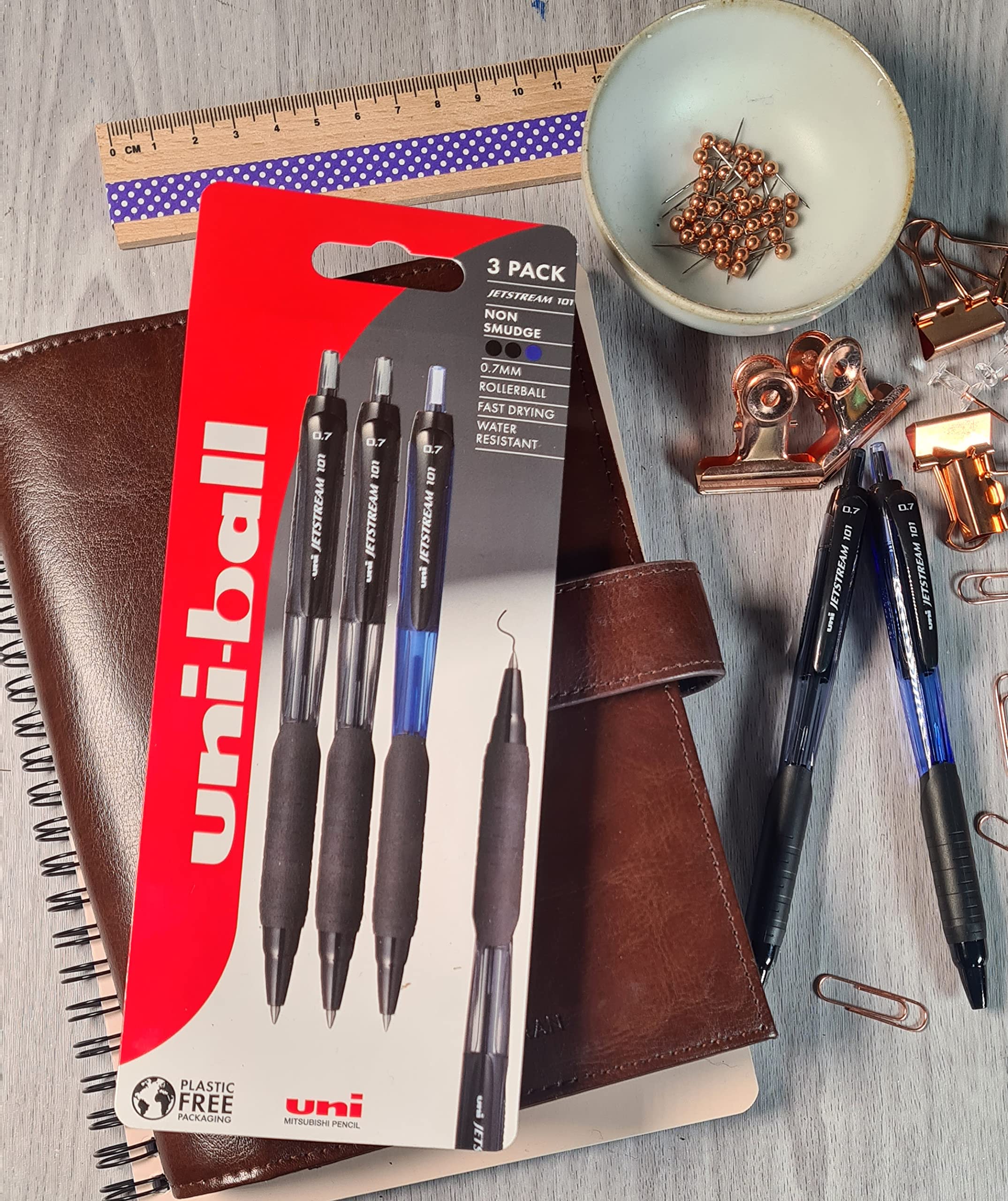 uni-ball Jetstream 101 Retractable Gel Pens - 0.7mm Fine Tip | Black & Blue Ink | Pack of 3 6