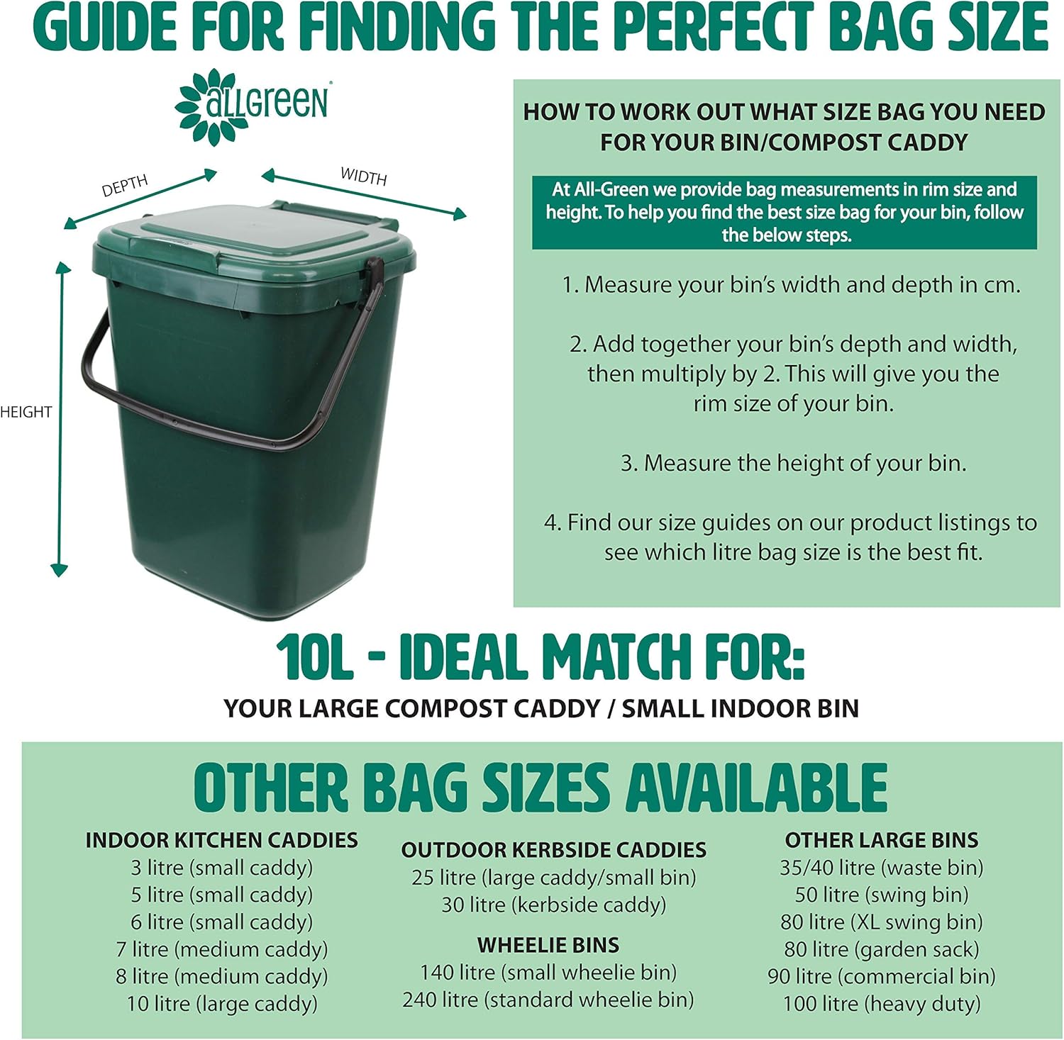 All-Green 10L-2 Compostable Bag for Kitchen Caddy - 10 Litre, 50 Bags (2 Rolls) 6