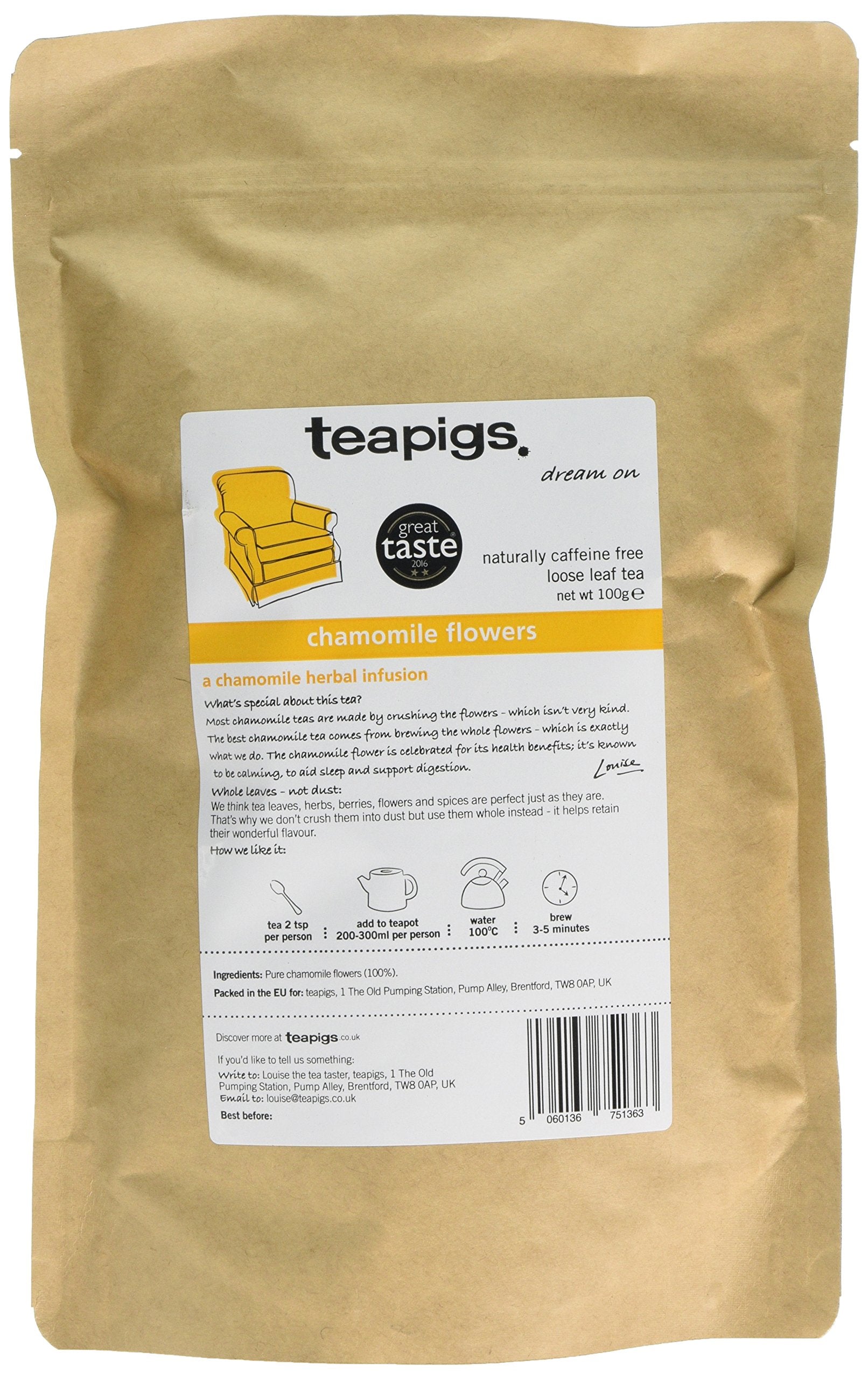teapigs Chamomile Loose Leaf Herbal Tea - Caffeine-Free for Sleep & Digestion | 100g Pack
