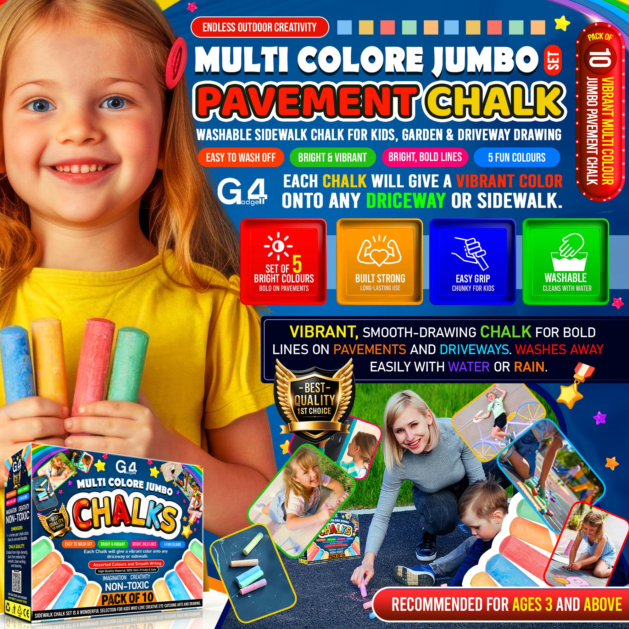 G4GADGET Jumbo Chalks for Kids – 10 Pack Giant Chunky Outdoor Pavement Chalk | Washable & Non-Toxic