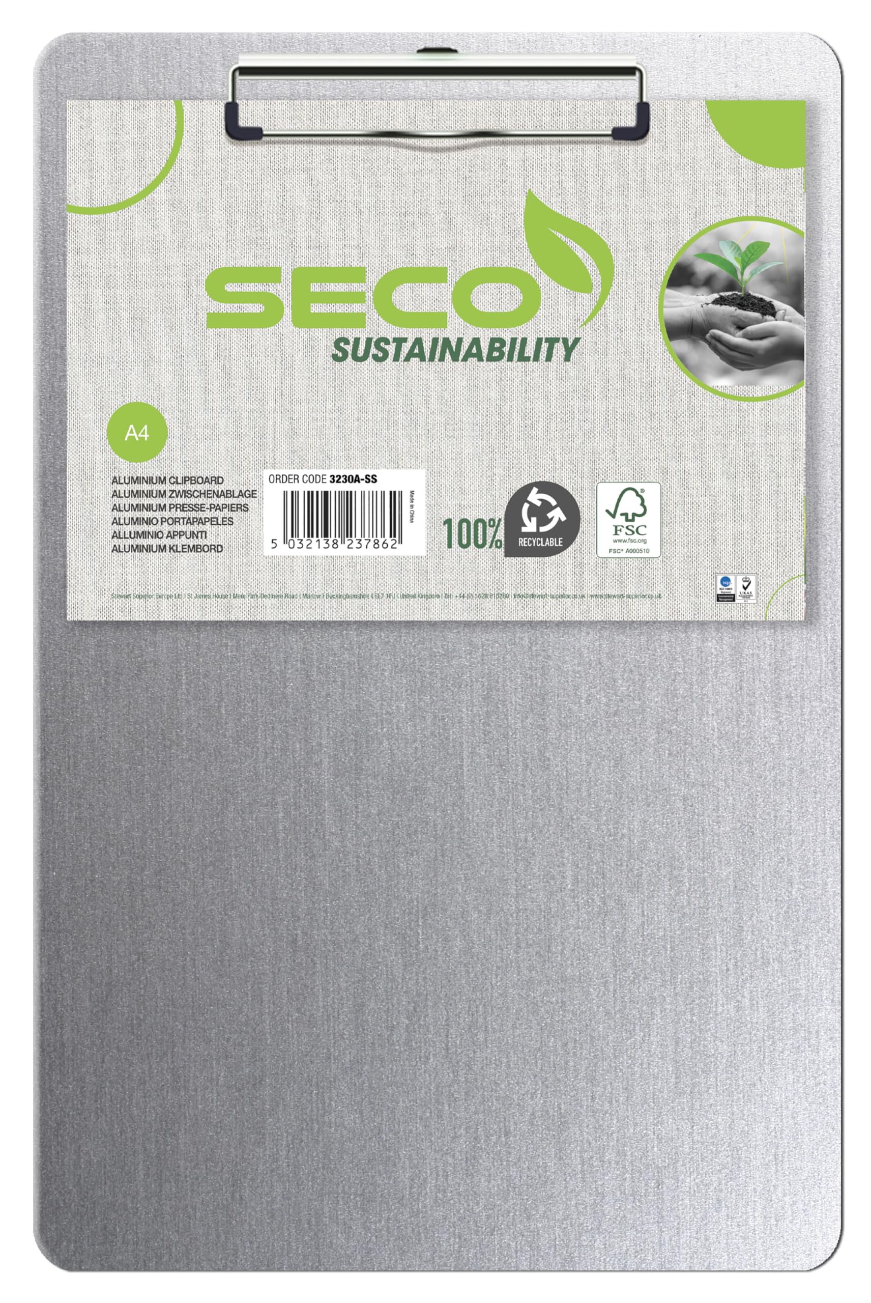 SECO A4 Aluminium Clipboard - Heavy Duty Writing Board with Strong Metal Clip | Metallic Silver