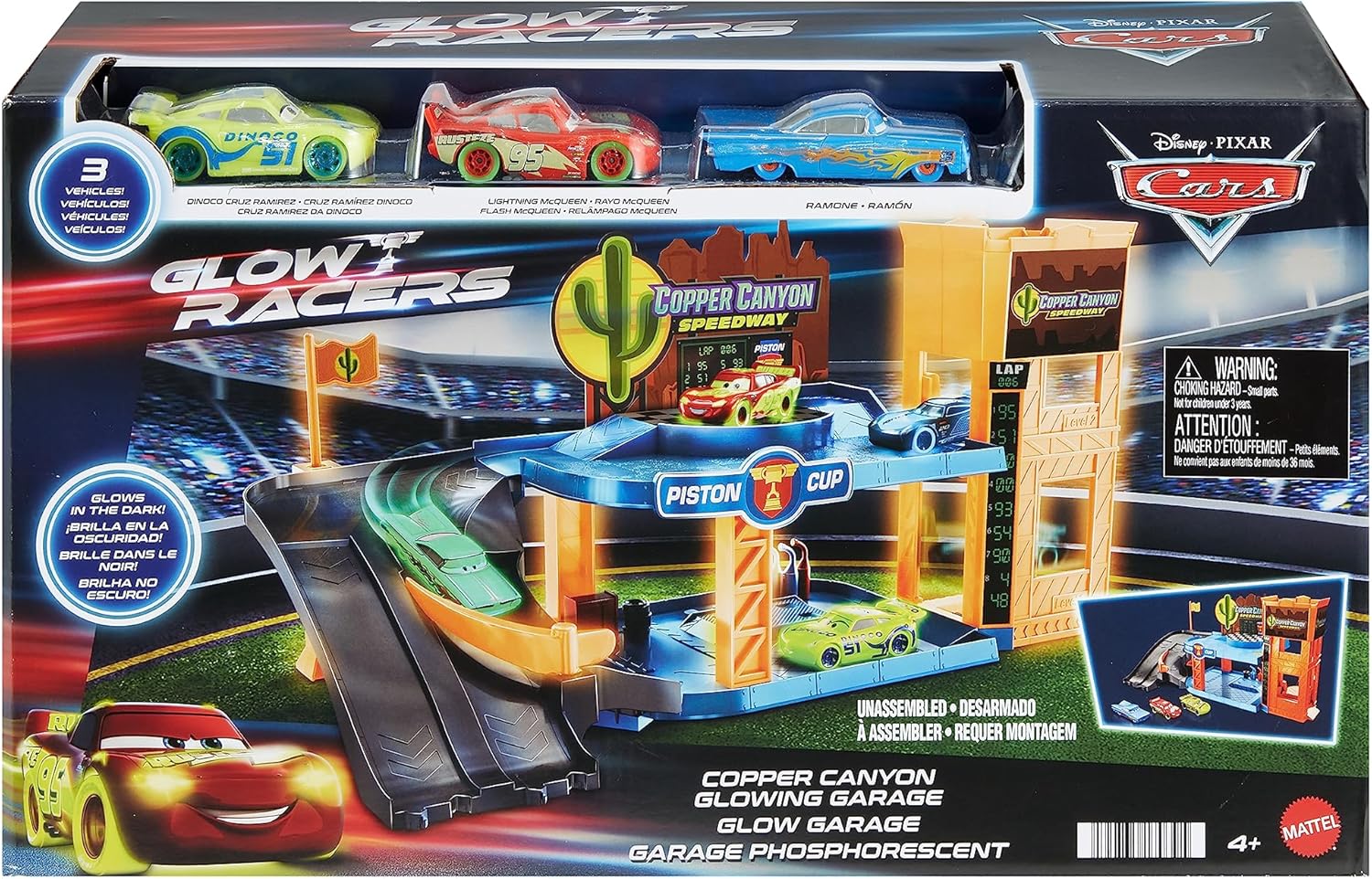 Mattel Disney and Pixar Cars Glow Racers Playset & 3 Toy Cars - Copper Canyon Glowing Garage 4