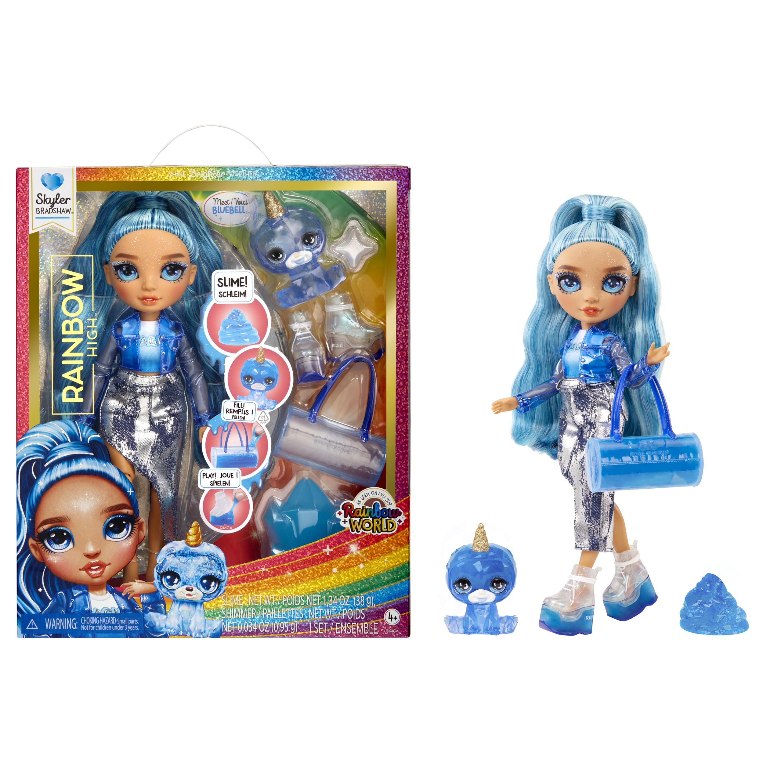 Rainbow High Skyler Bradshaw Fashion Doll with Sparkle Slime & Magical Pet - Blue Shimmer Doll with Yeti, Customizable Accessories - Ages 4-12 1