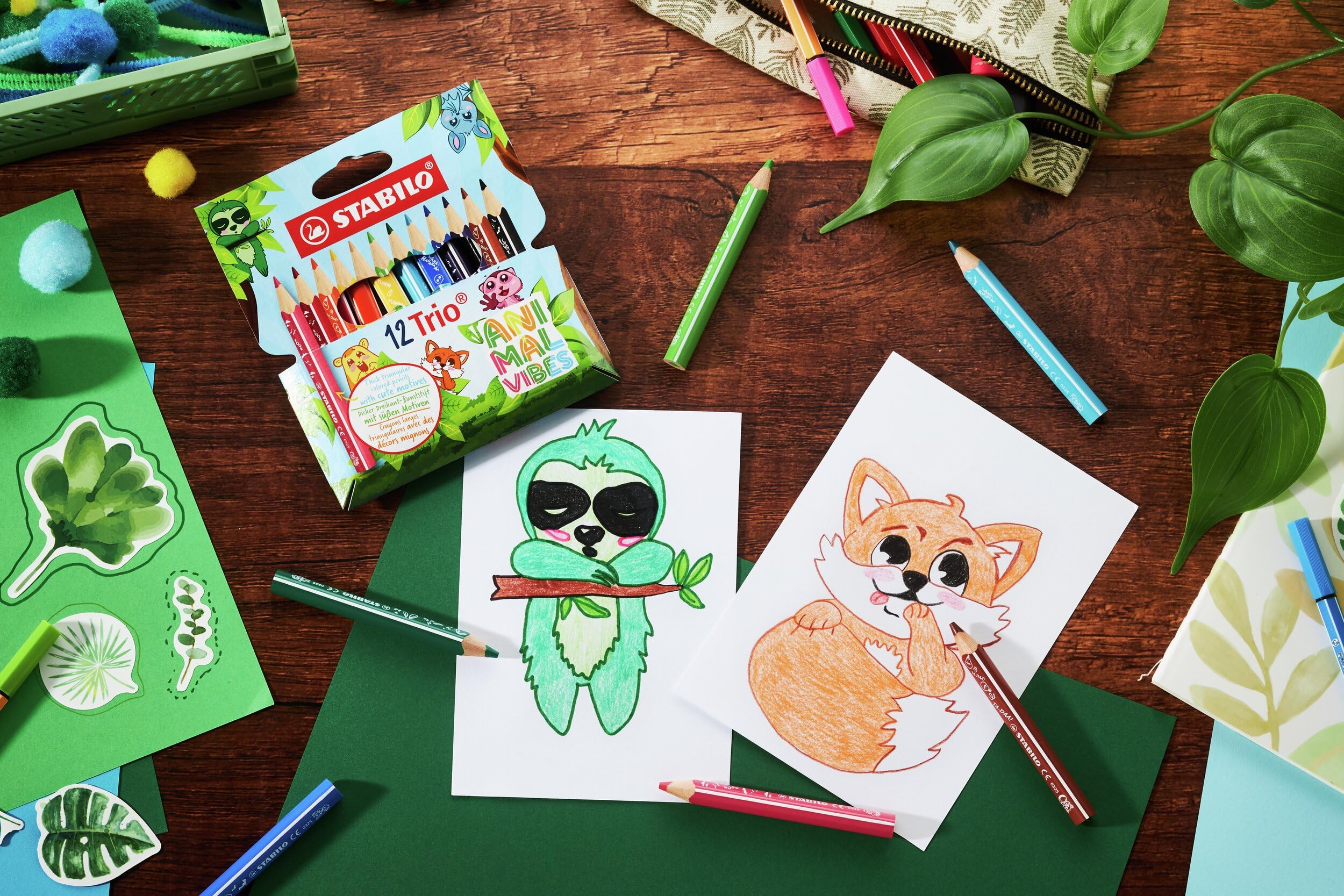 STABILO Trio thick short Animal Vibes Colouring Pencils - Pack of 12 | Ergonomic Triangular Grip | 4.2mm Lead 5