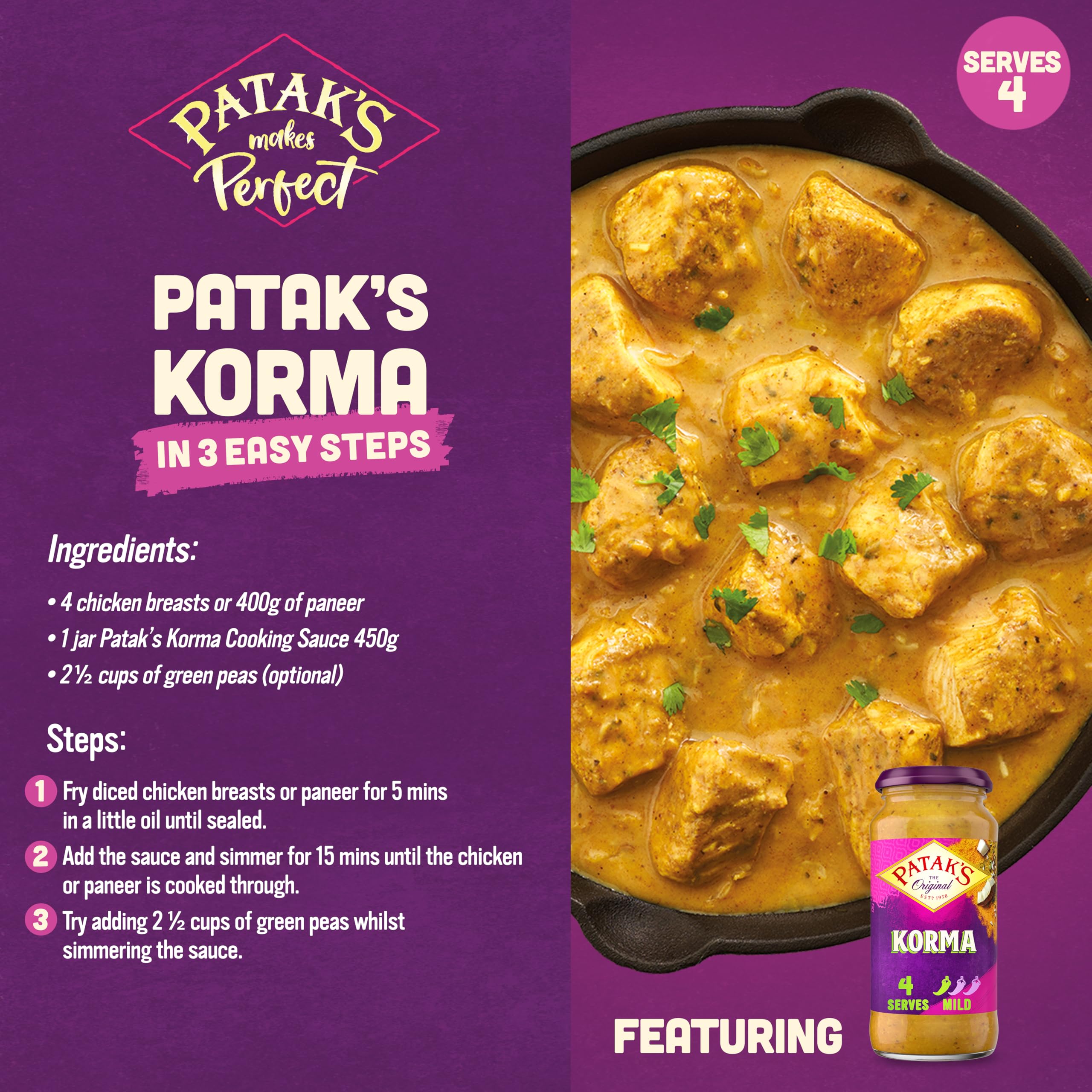 Patak's Korma Curry Sauce - Mild & Creamy Indian Cuisine | 450g Jar