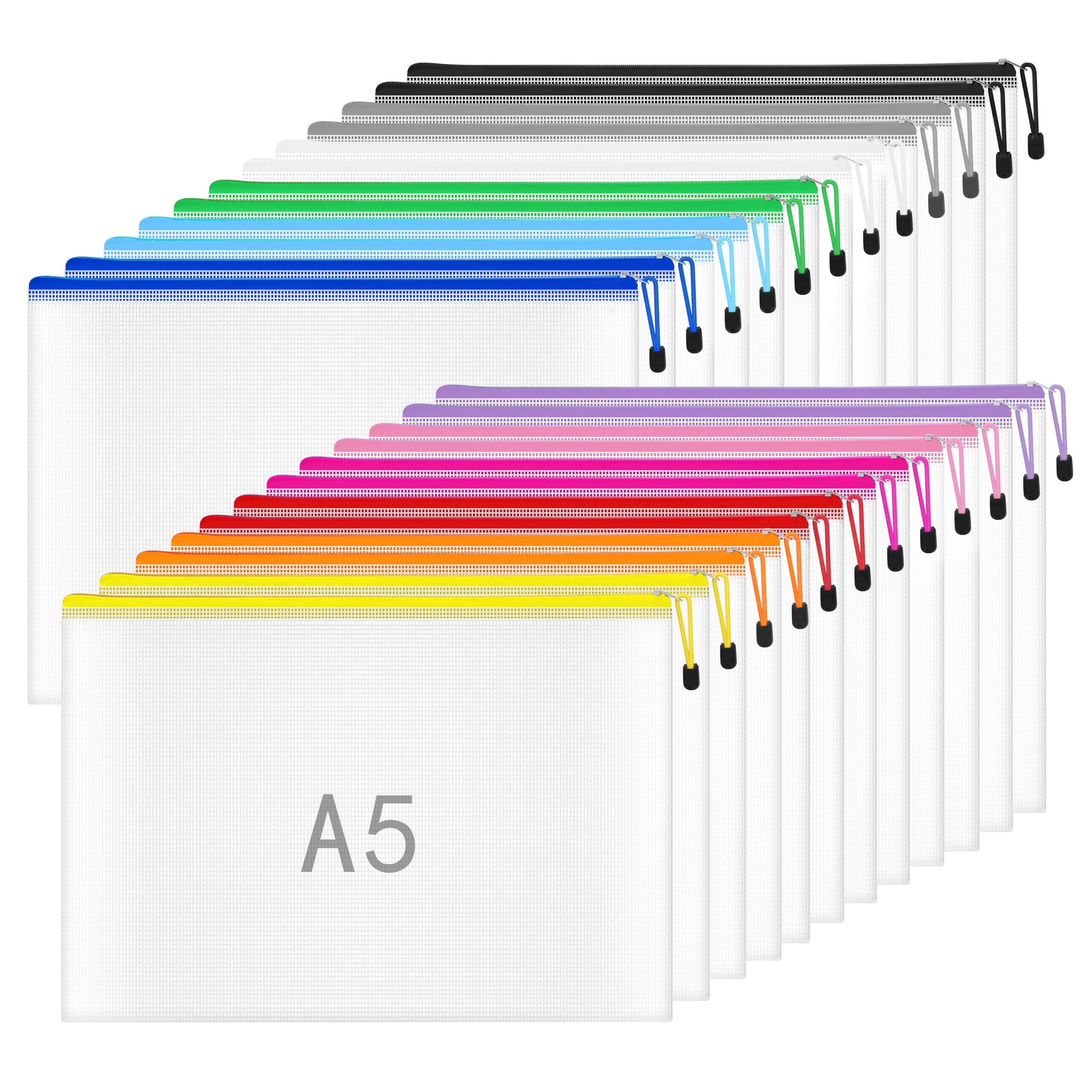 NORTHERN BROTHERS A5 Plastic Wallets - 24 Pcs Coloured Zipper Document Folders | Waterproof PVC