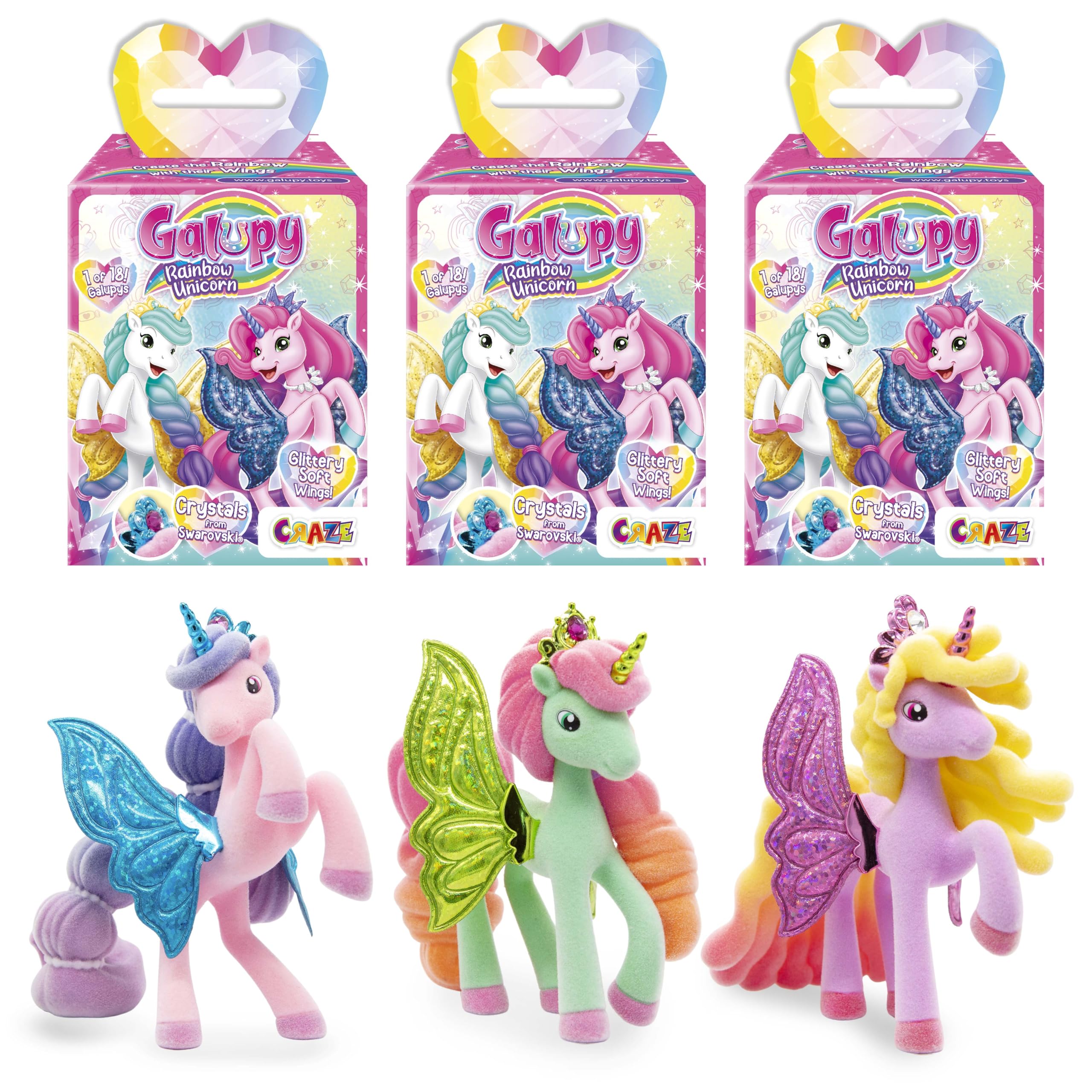 Galupy Rainbow Unicorn Toy Set - 3 Pack Collectible Figures with Swarovski Crystals