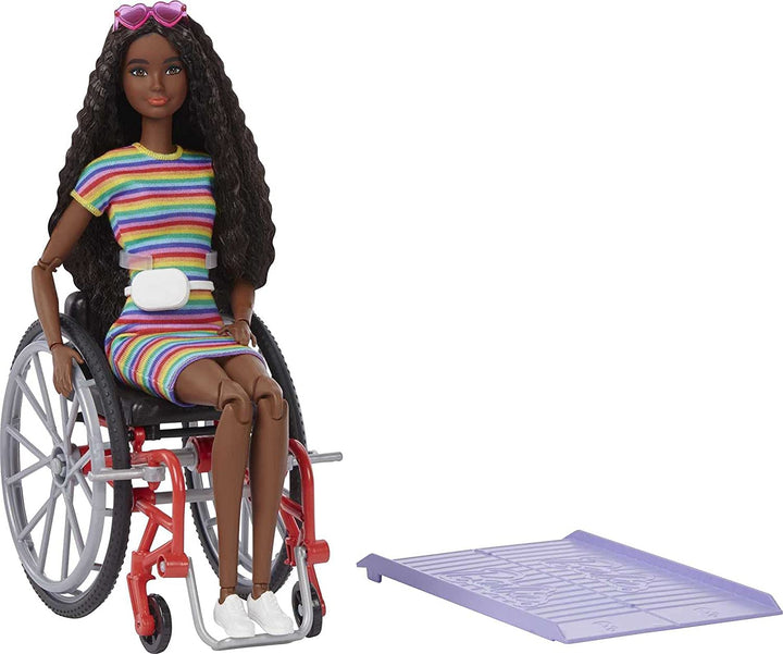 Barbie Fashionistas-pop # 166 met rolstoel en gekruld donkerbruin haar