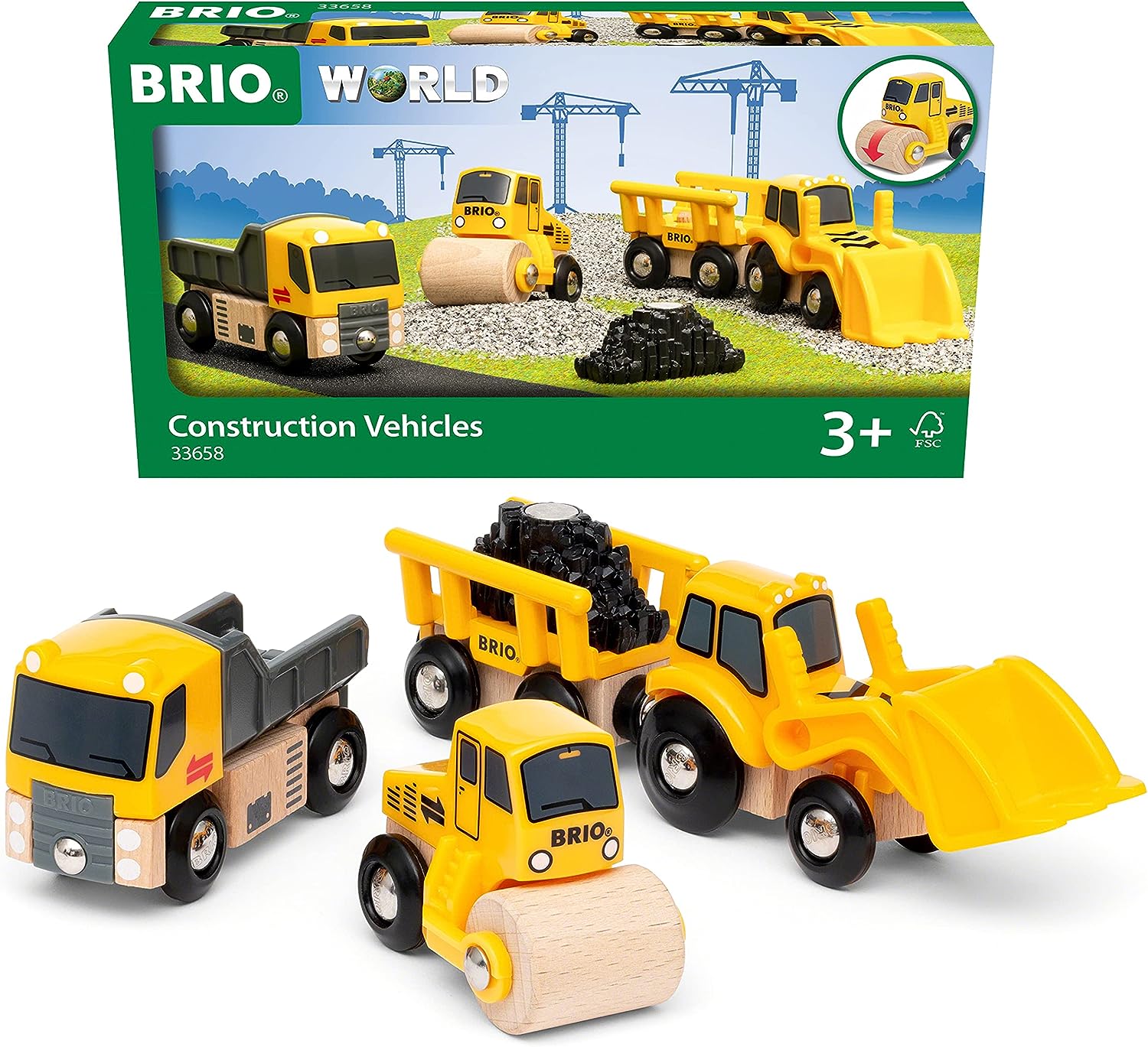 BRIO 33658 Construction Vehicles Train Set - 5-Piece Wooden Toy Truck Set for Kids 1