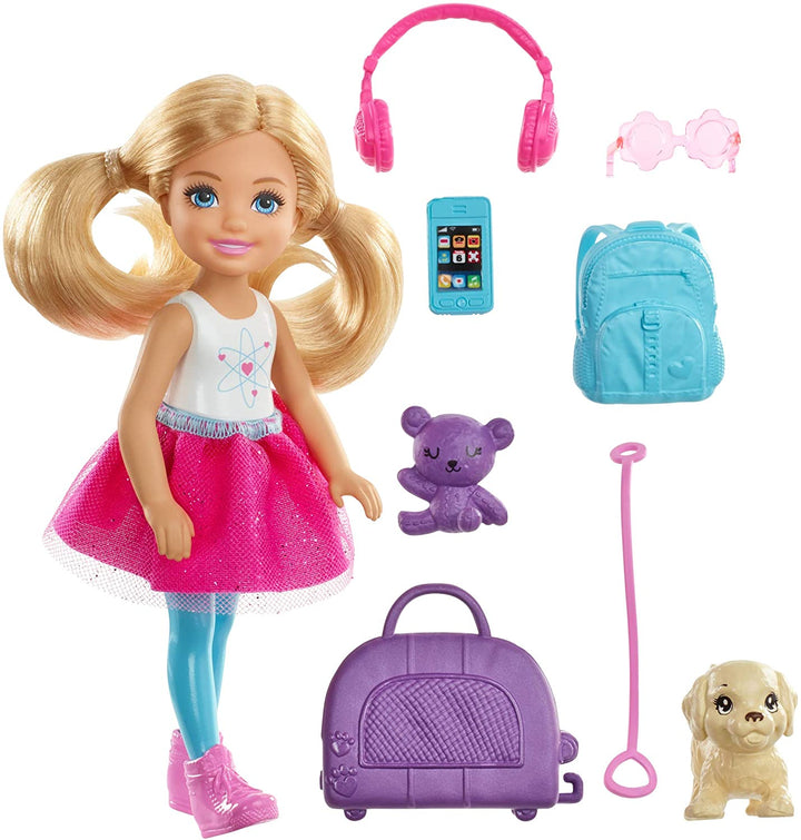 Barbie FWV20 Chelsea Doll and Travel Set with Puppy, Multicolored